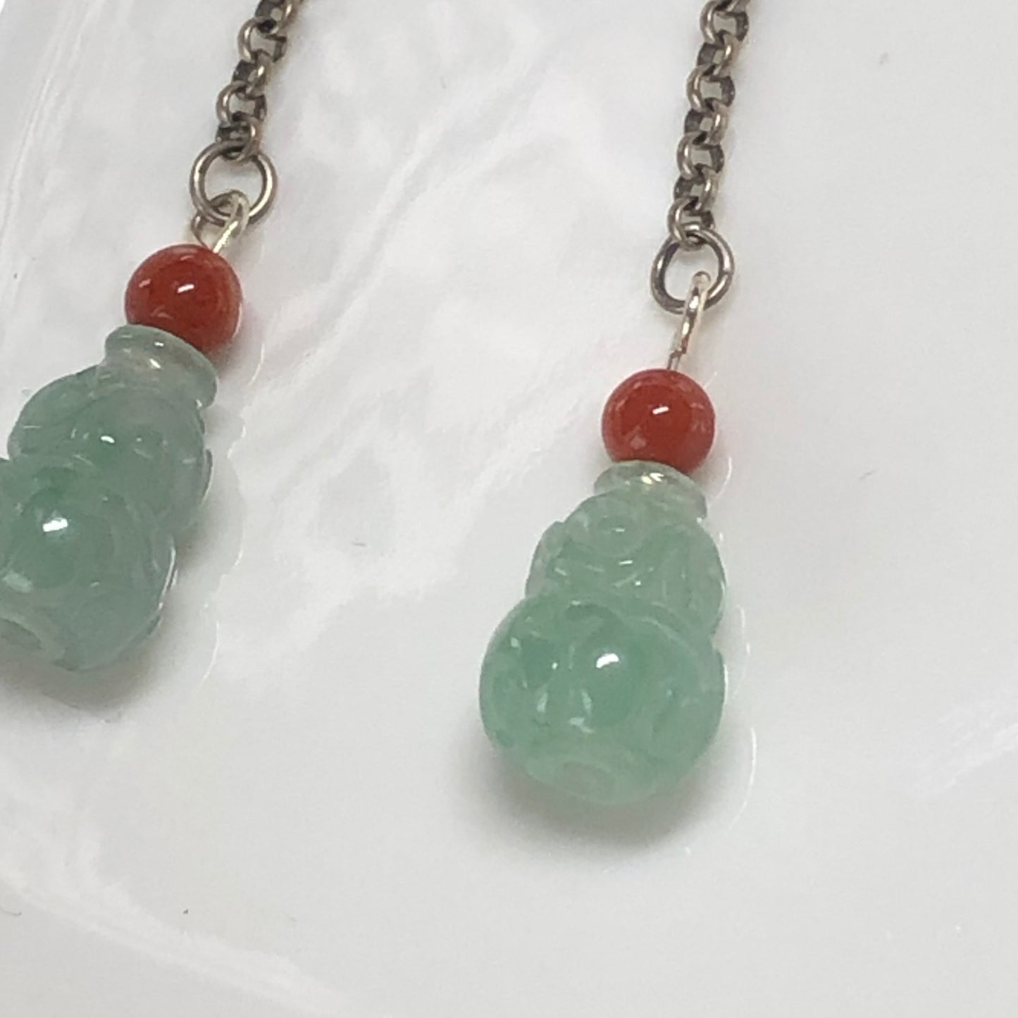 10mm Jadeite Jade Icy Tint Green Dangle Carved Gourd Earrings 925S
