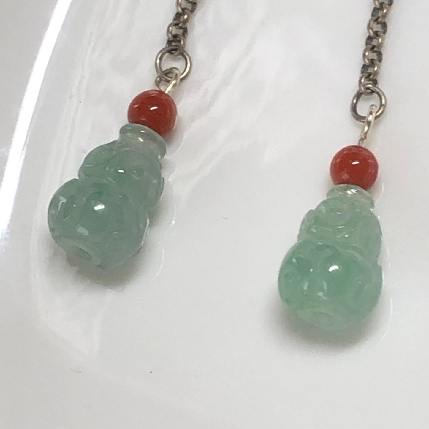 10mm Jadeite Jade Icy Tint Green Dangle Carved Gourd Earrings 925S