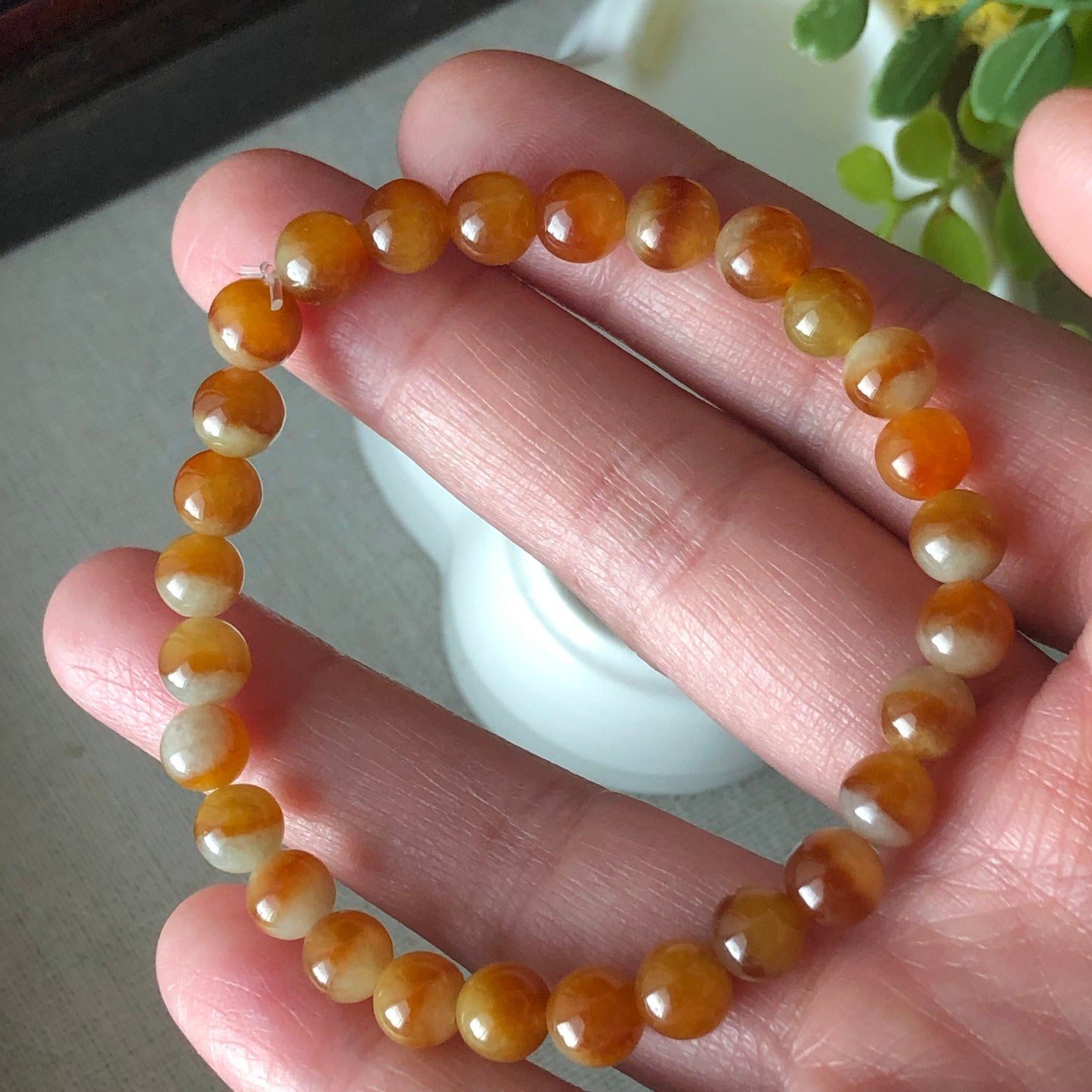 6.6 mm Jadeite Jade Icy Yellow Brown Gradient Bead Bracelet 28pcs.