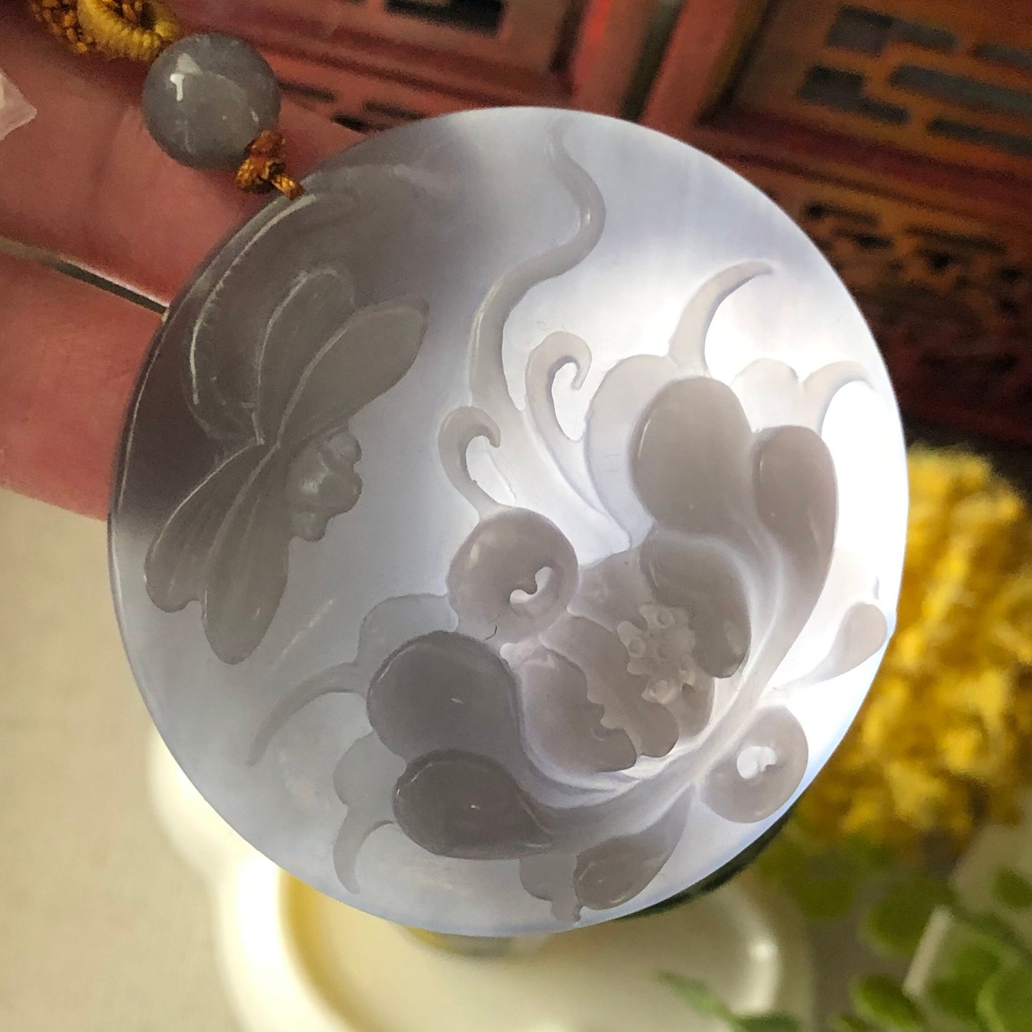 51.3 mm Hetian Jade Icy Imperial Purple Carved Flower Dragonfly Pendant RARE