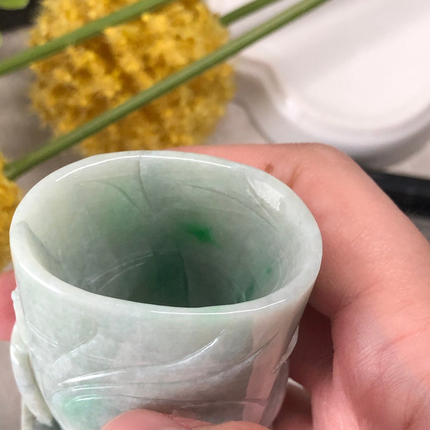 54.3 mm Jadeite Jade Green Carved Flower Pen Toothpick Holder Display Desk