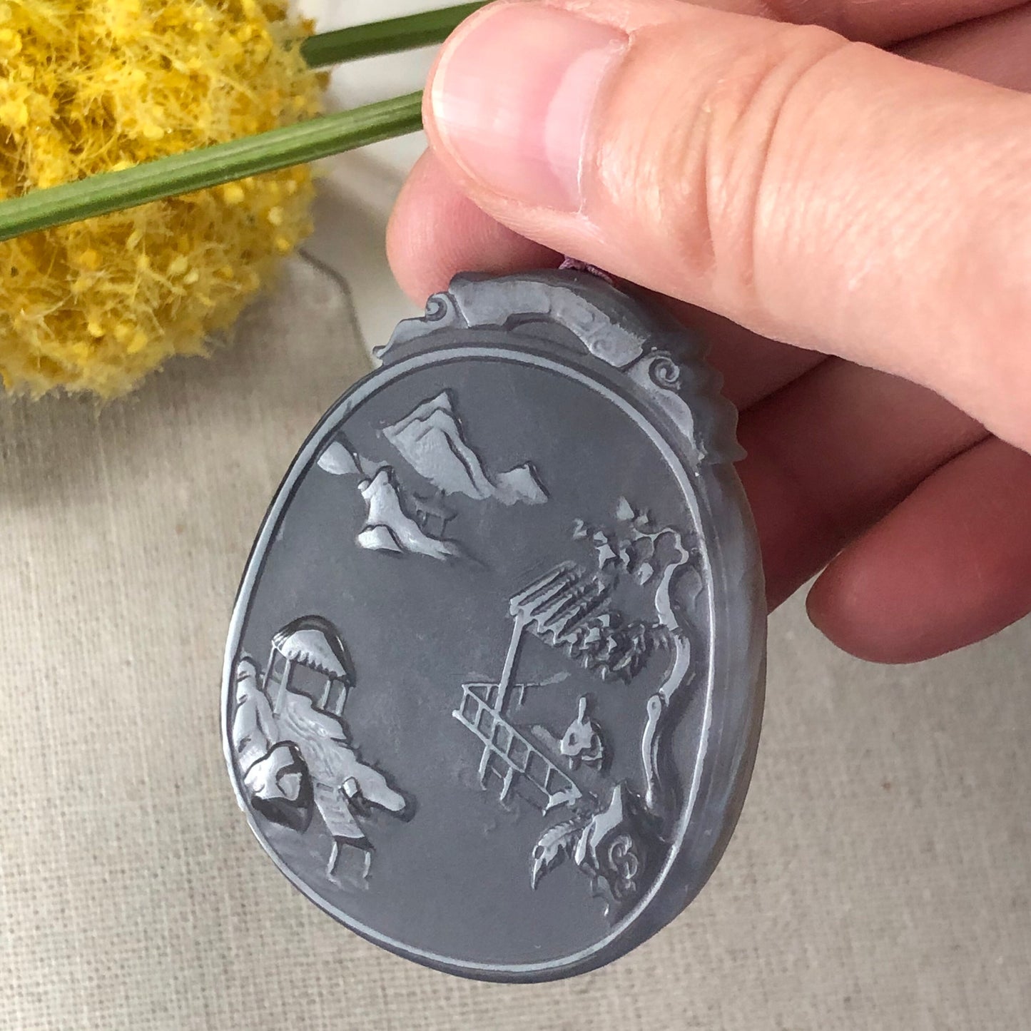 51.8 mm Hetian Jade Icy Imperial Purple Carved Scenery Landscape Pendant RARE