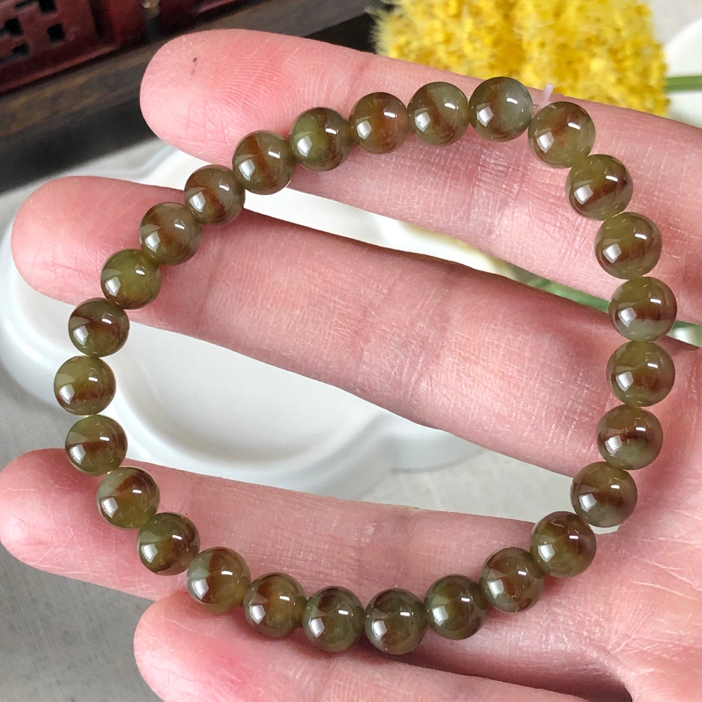 SALE: Jade Jadeite 6.5 mm Icy Yellow BROWN Gradient Round Bead Bracelet 28 pcs.
