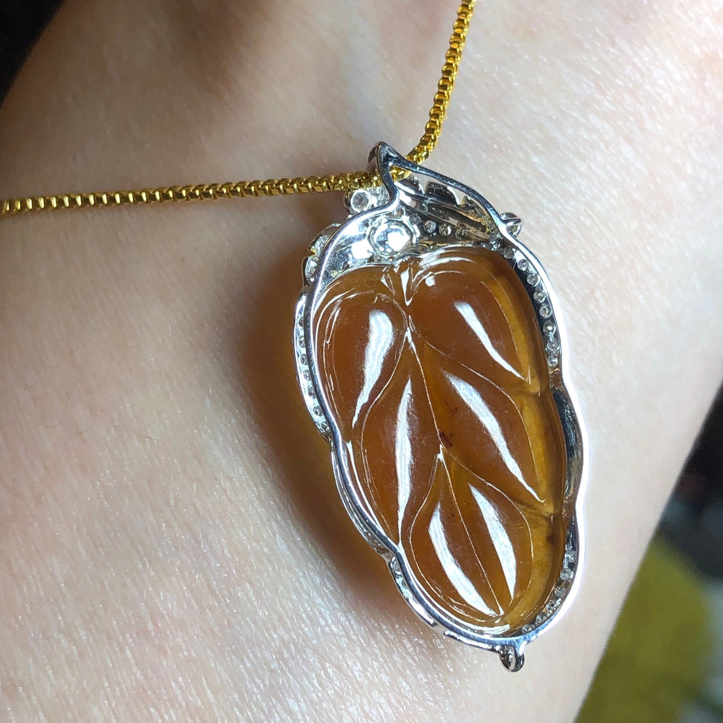 31 mm Jadeite Jade Icy Yellow Brown Carved Leaf set on 18K white gold