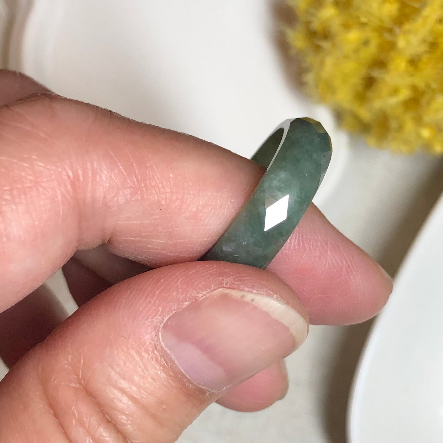 Jadeite Jade Diamond Cut Earthy Green Carved Band Ring
