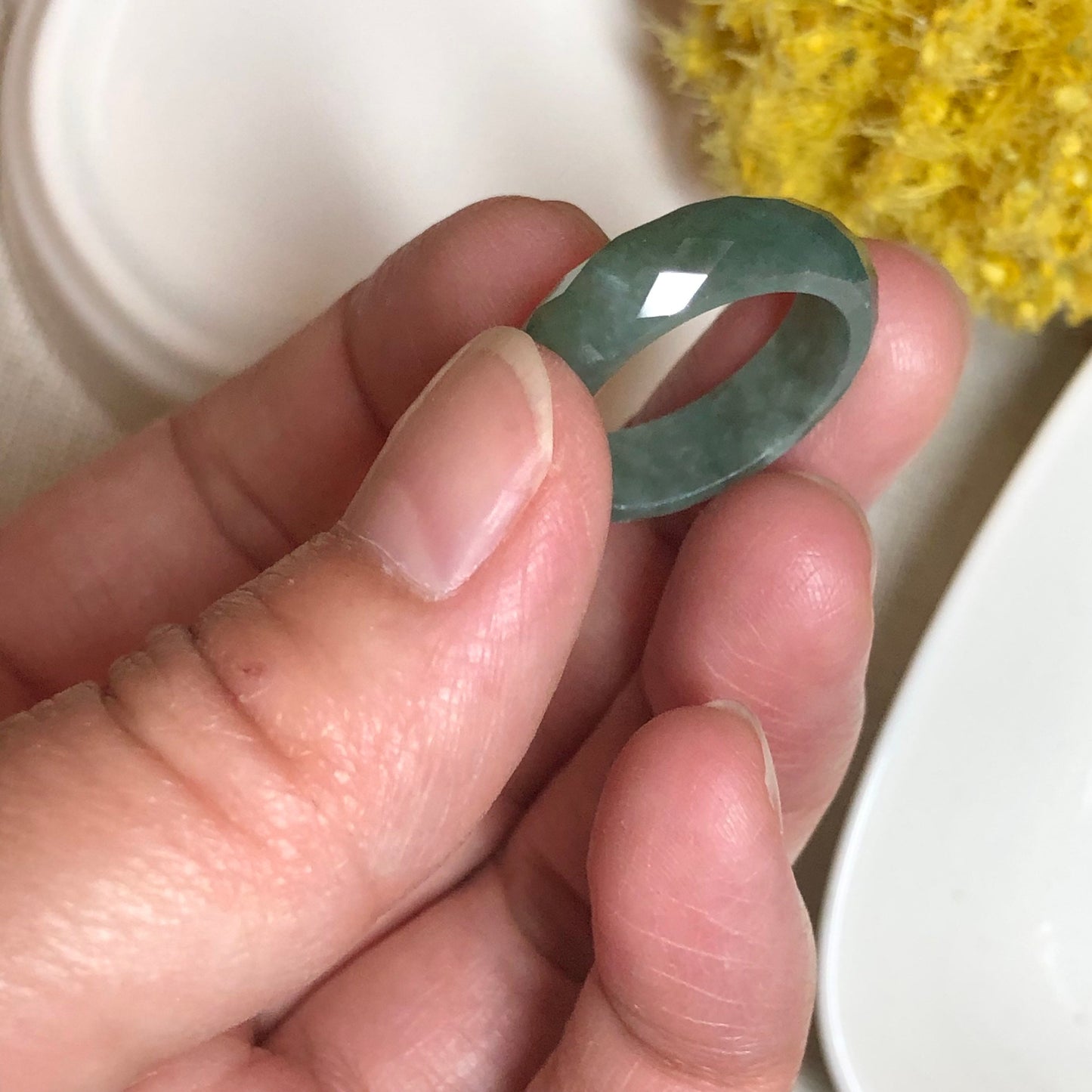 Jadeite Jade Diamond Cut Earthy Green Carved Band Ring