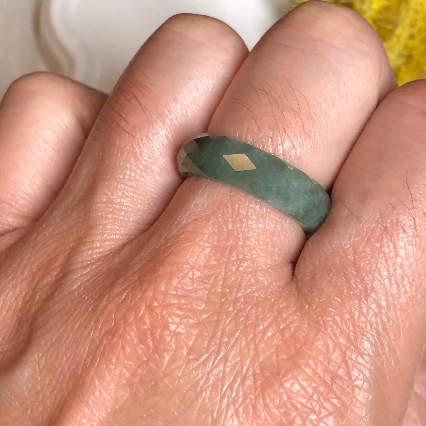 Jadeite Jade Diamond Cut Earthy Green Carved Band Ring
