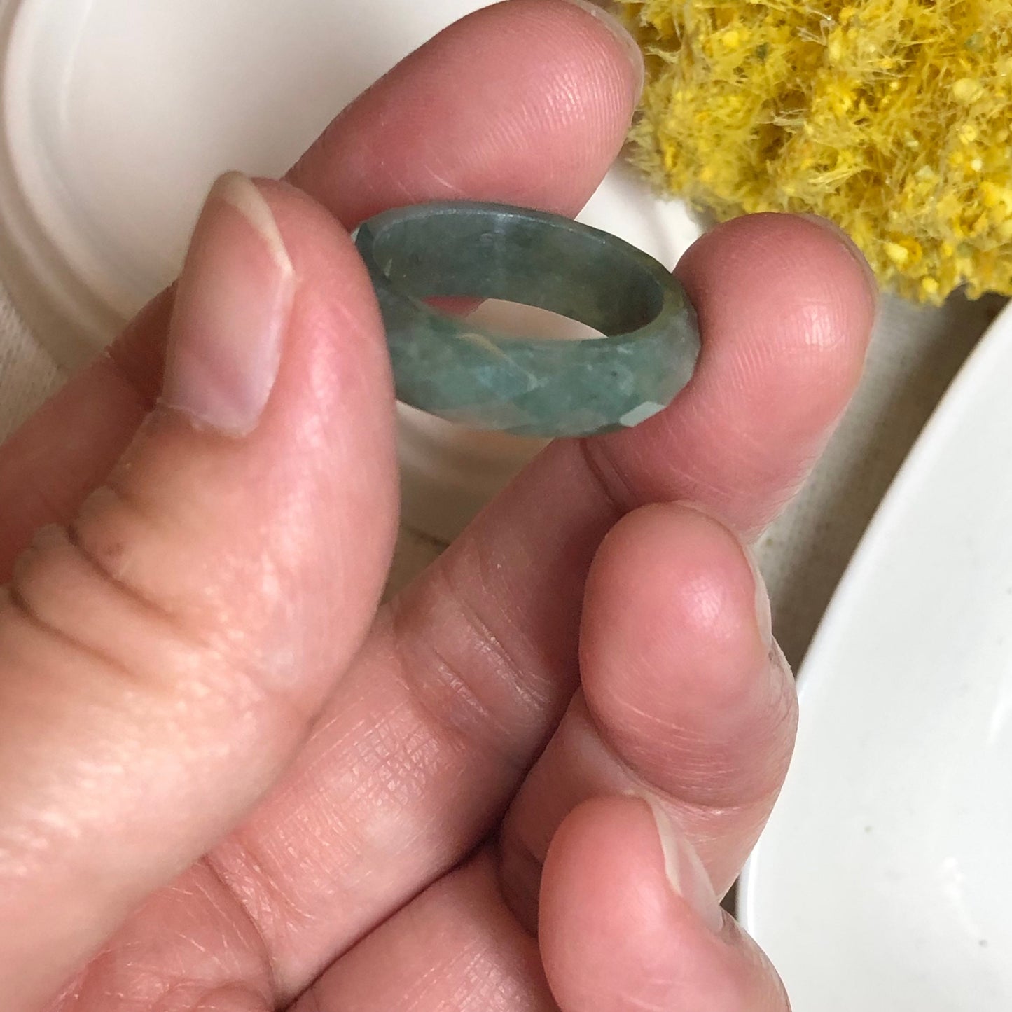 Jadeite Jade Diamond Cut Earthy Green Carved Band Ring