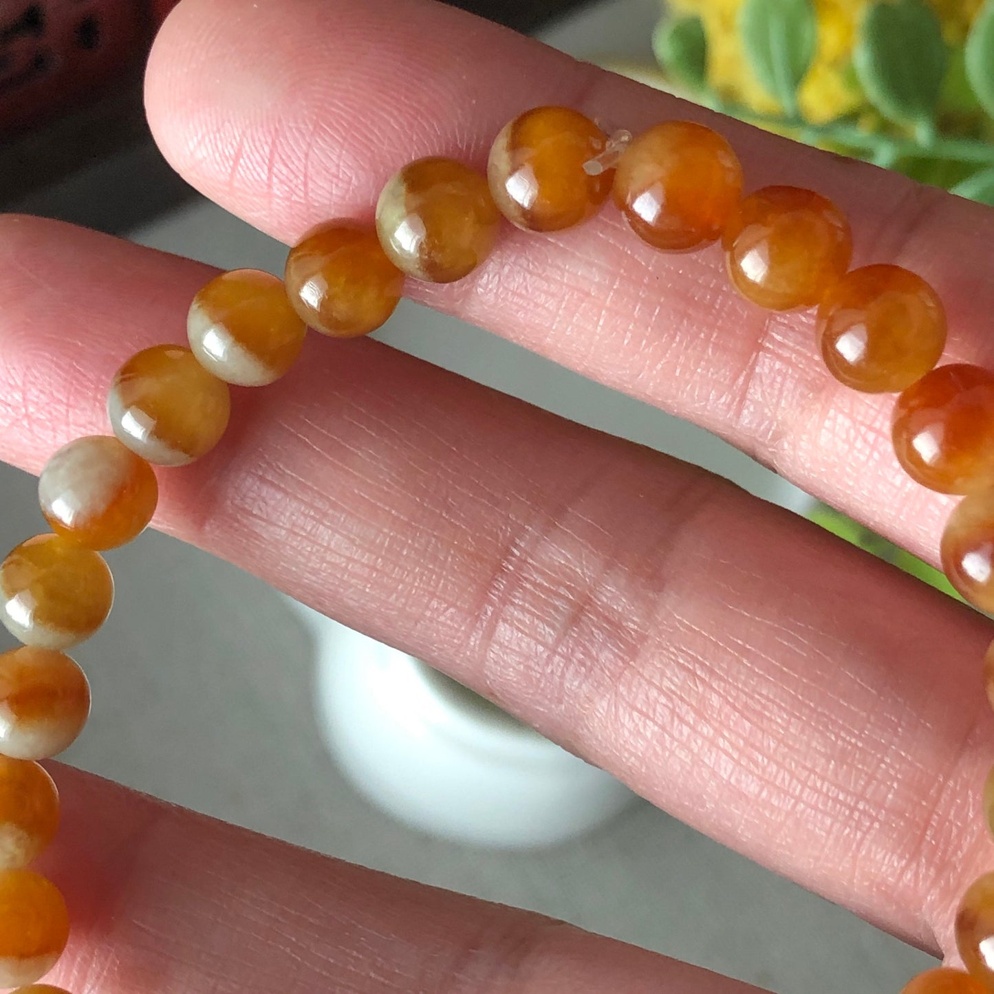 6.6 mm Jadeite Jade Icy Yellow Brown Gradient Bead Bracelet 28pcs.