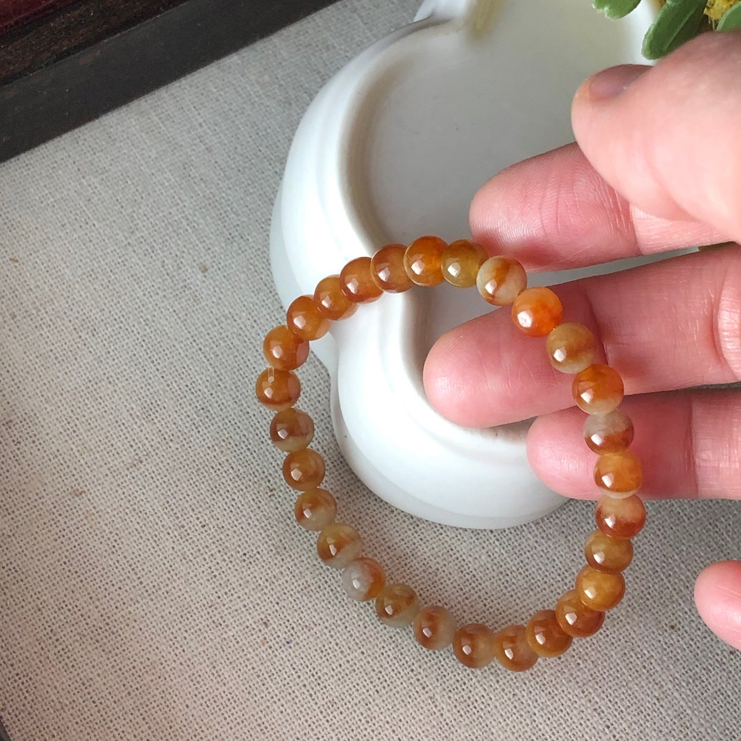 6.6 mm Jadeite Jade Icy Yellow Brown Gradient Bead Bracelet 28pcs.