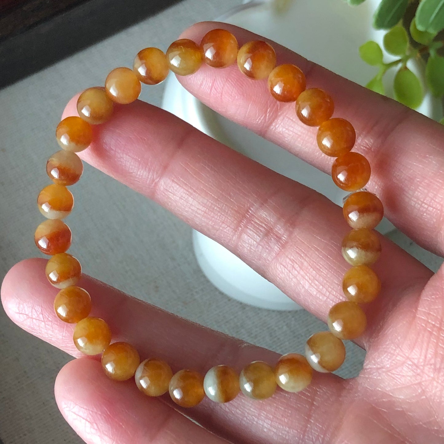 6.6 mm Jadeite Jade Icy Yellow Brown Gradient Bead Bracelet 28pcs.