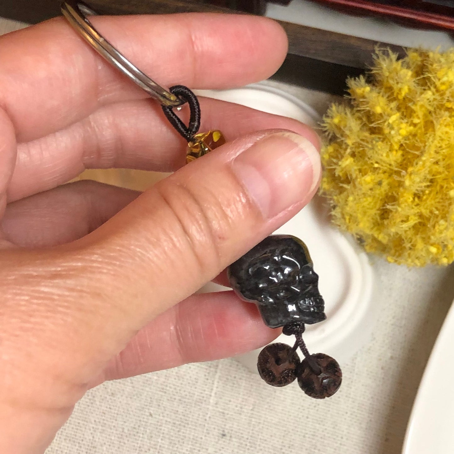 19.1mm Carved Wuji Black Jadeite Jade 3D Skeletal Head Keychain Charm
