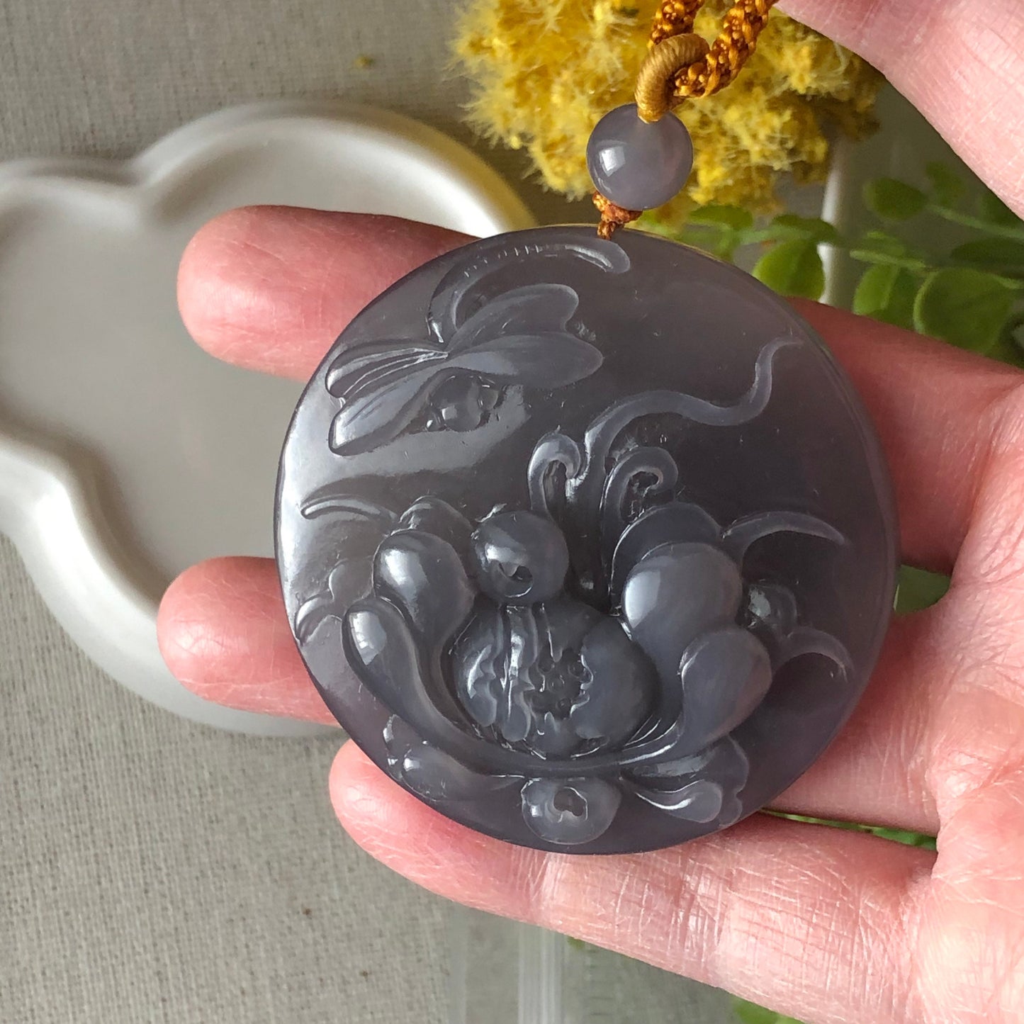 51.3 mm Hetian Jade Icy Imperial Purple Carved Flower Dragonfly Pendant RARE