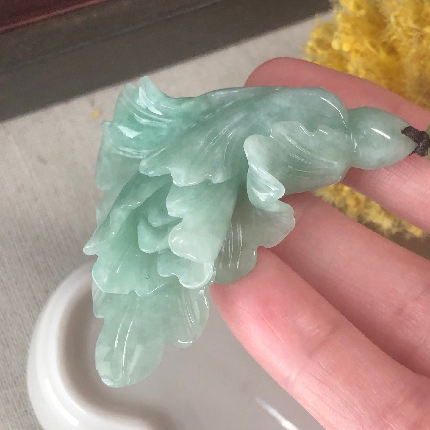 49.7mm Grade A Jade Jadeite Green Carved Flower Pendant Charm