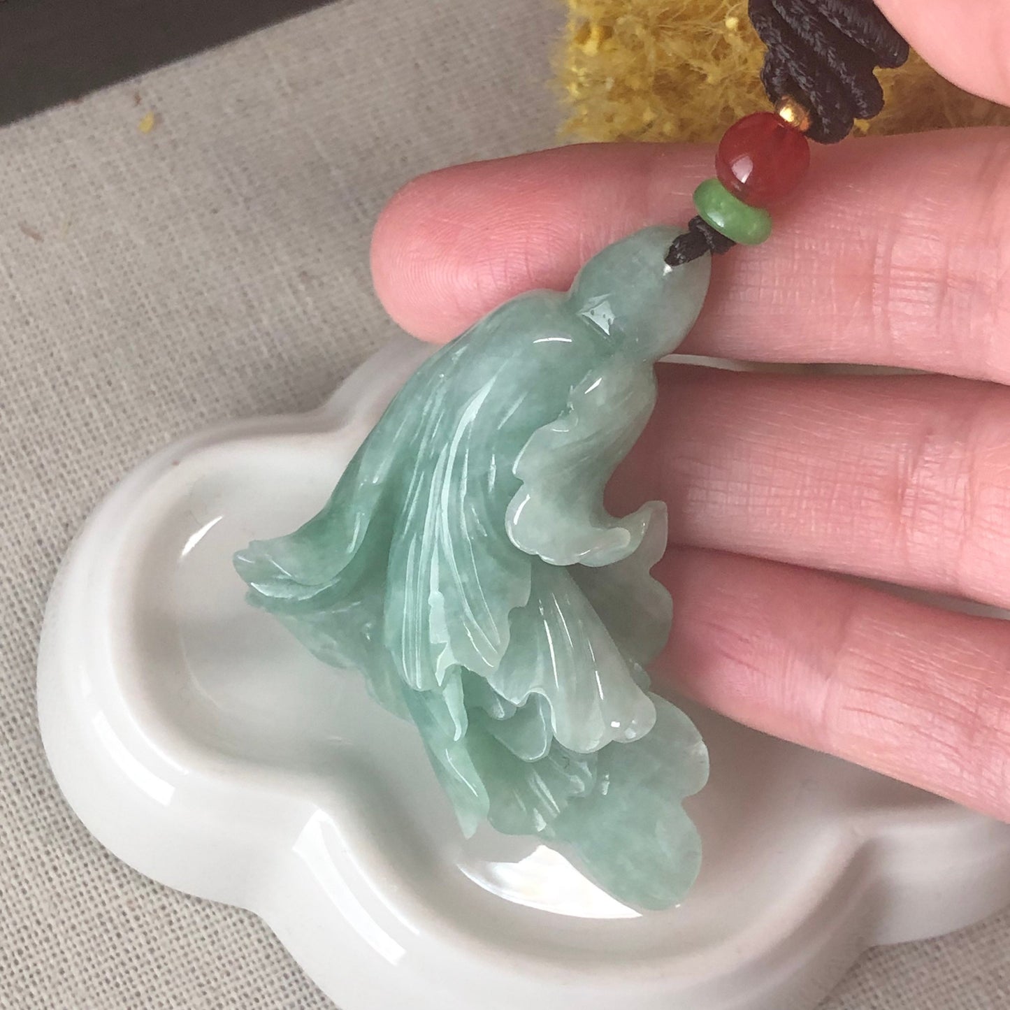 49.7mm Grade A Jade Jadeite Green Carved Flower Pendant Charm