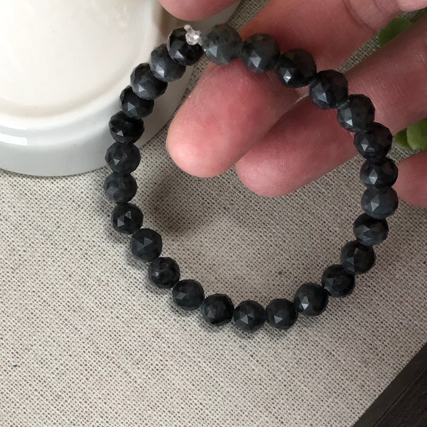 Reserved: 6.5 mm Jadeite Jade Diamond Cut Wuji Bead Bracelet 27pcs.