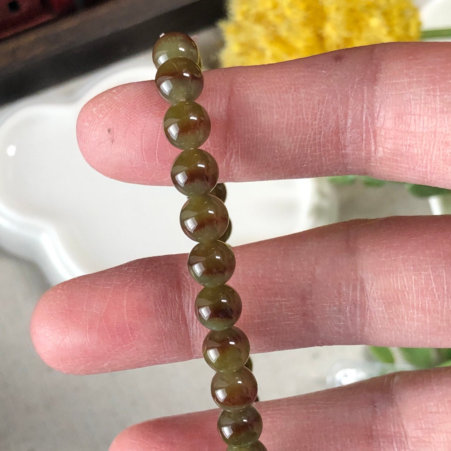 SALE: Jade Jadeite 6.5 mm Icy Yellow BROWN Gradient Round Bead Bracelet 28 pcs.