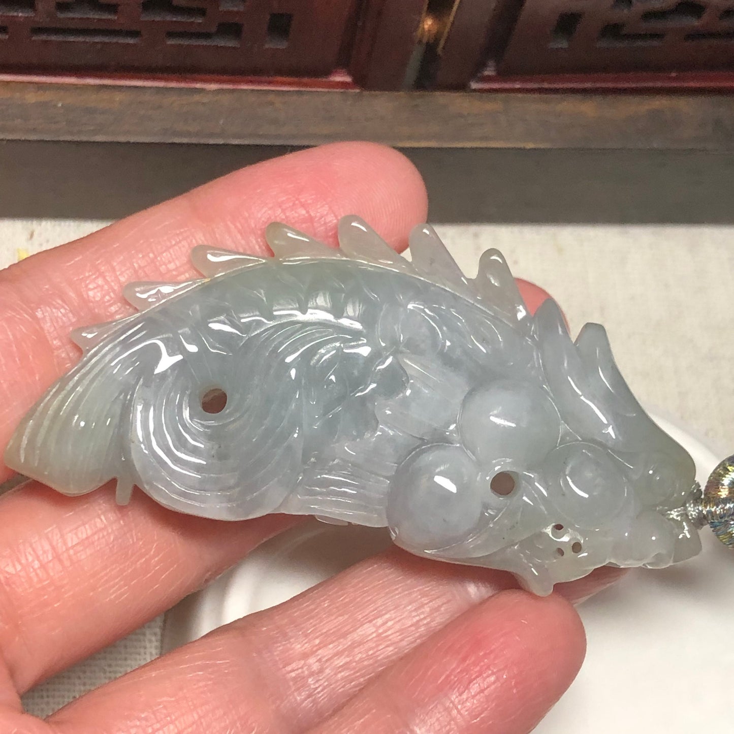 66.1 mm Grade A Icy Sky Blue Carved Dragon Fish Jadeite Jade Pendant