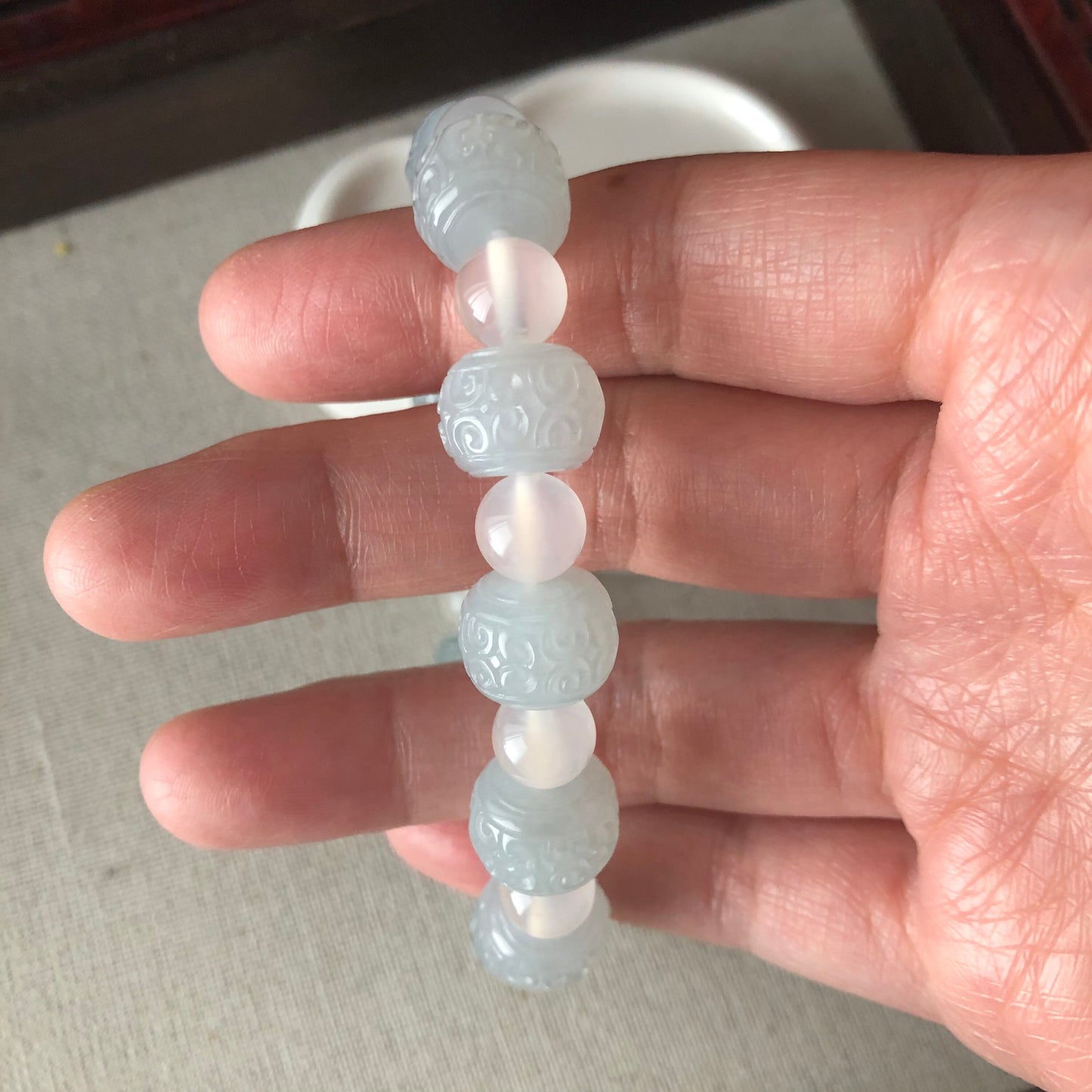 12 mm Grade A Icy Jadeite Jade Sky Blue Carved Ruyi Cloud Bead Bracelet 10pcs.
