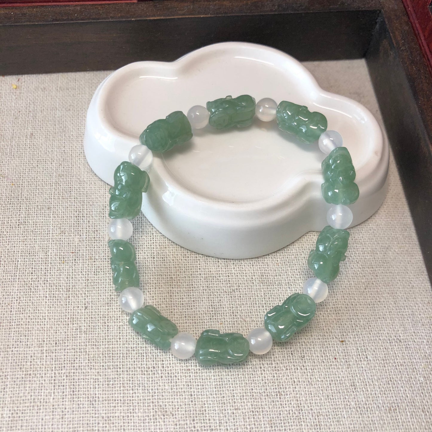 12.8 mm Grade A Jade Jadeite Green Carved Pixiu Bead Bracelet