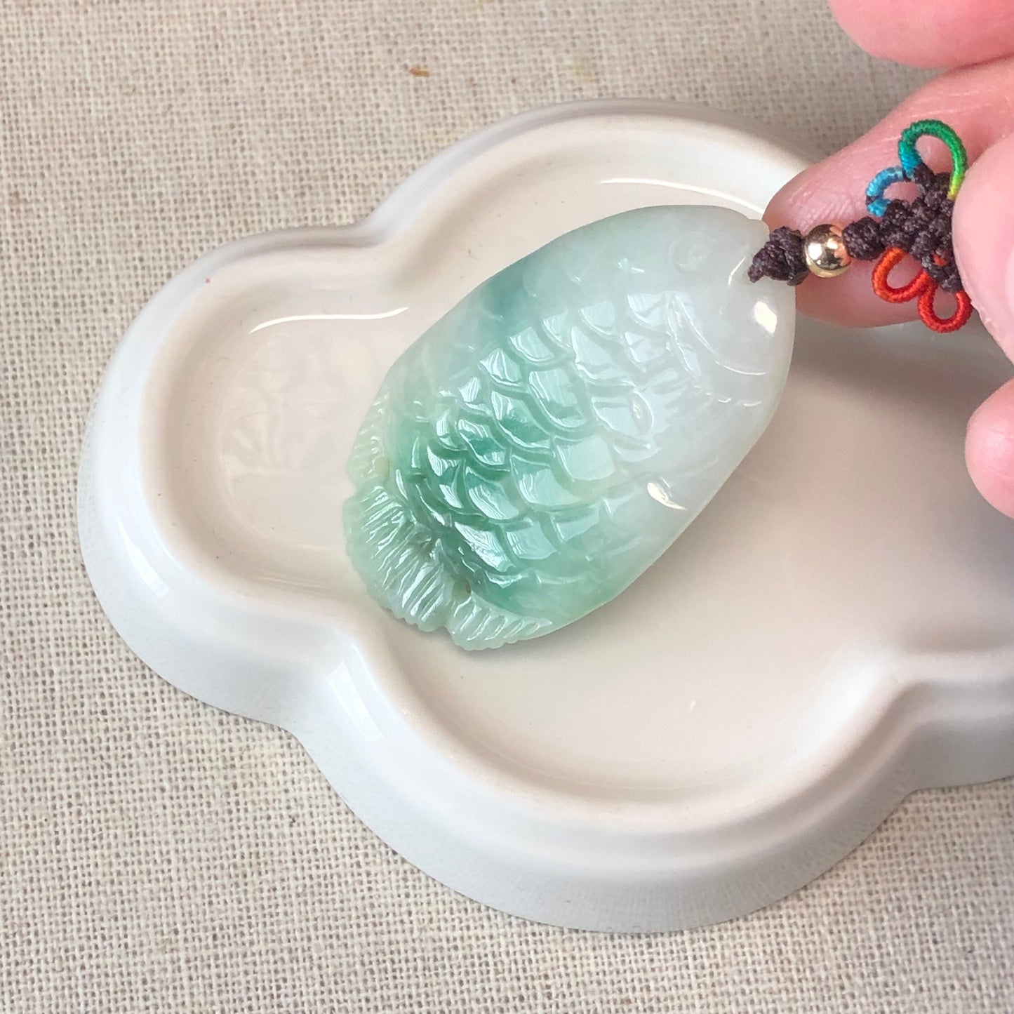 44.7 mm Icy Green Carved Fish Jadeite Jade Keyring Key chain charm pendant