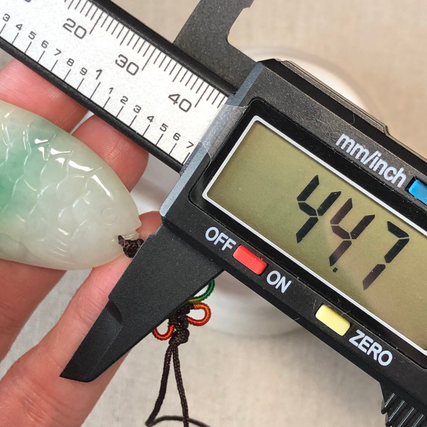 44.7 mm Icy Green Carved Fish Jadeite Jade Keyring Key chain charm pendant