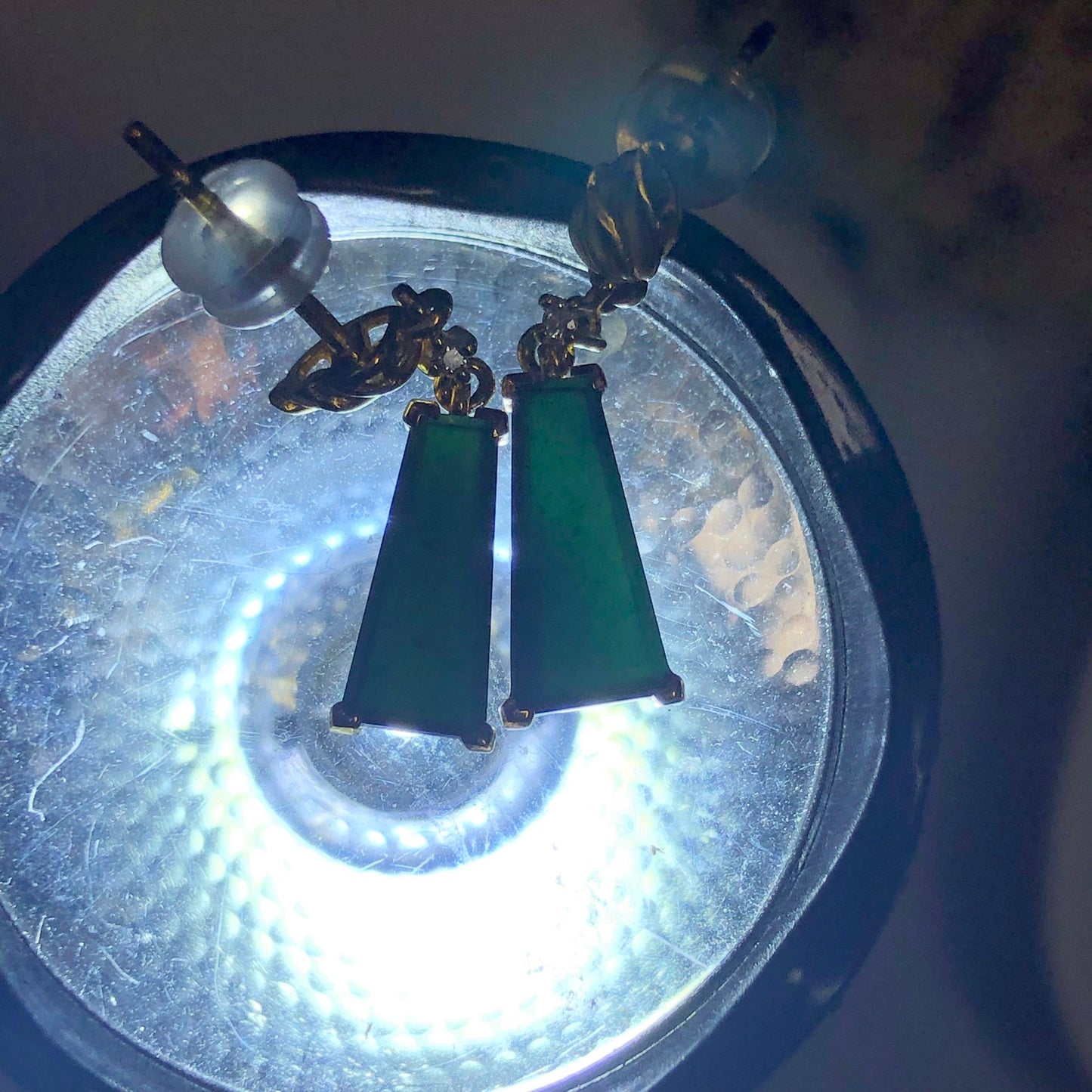 24 mm Jadeite Jade Icy Black Omphacite pole dangle earrings set on 18K yellow gold