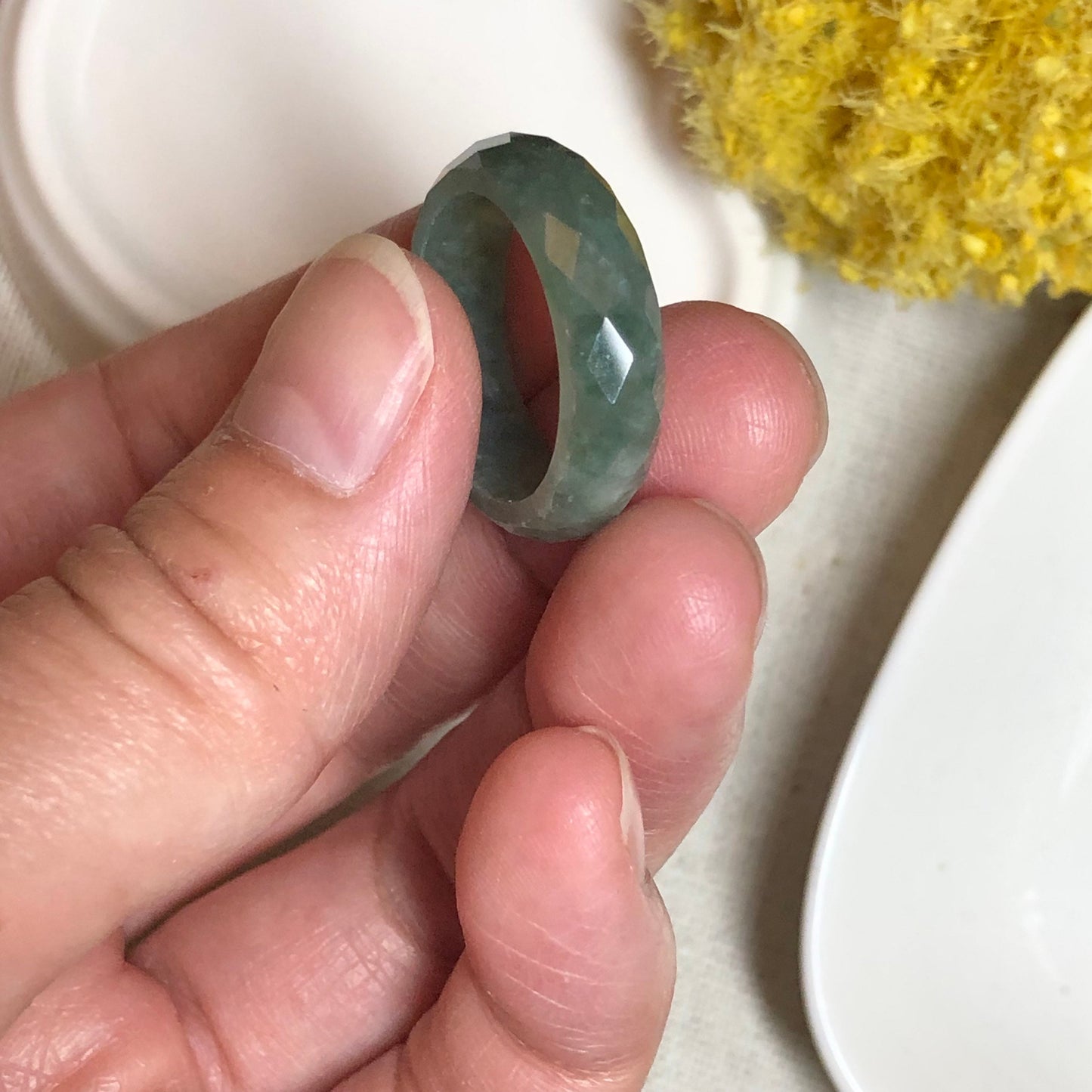 Jadeite Jade Diamond Cut Earthy Green Carved Band Ring