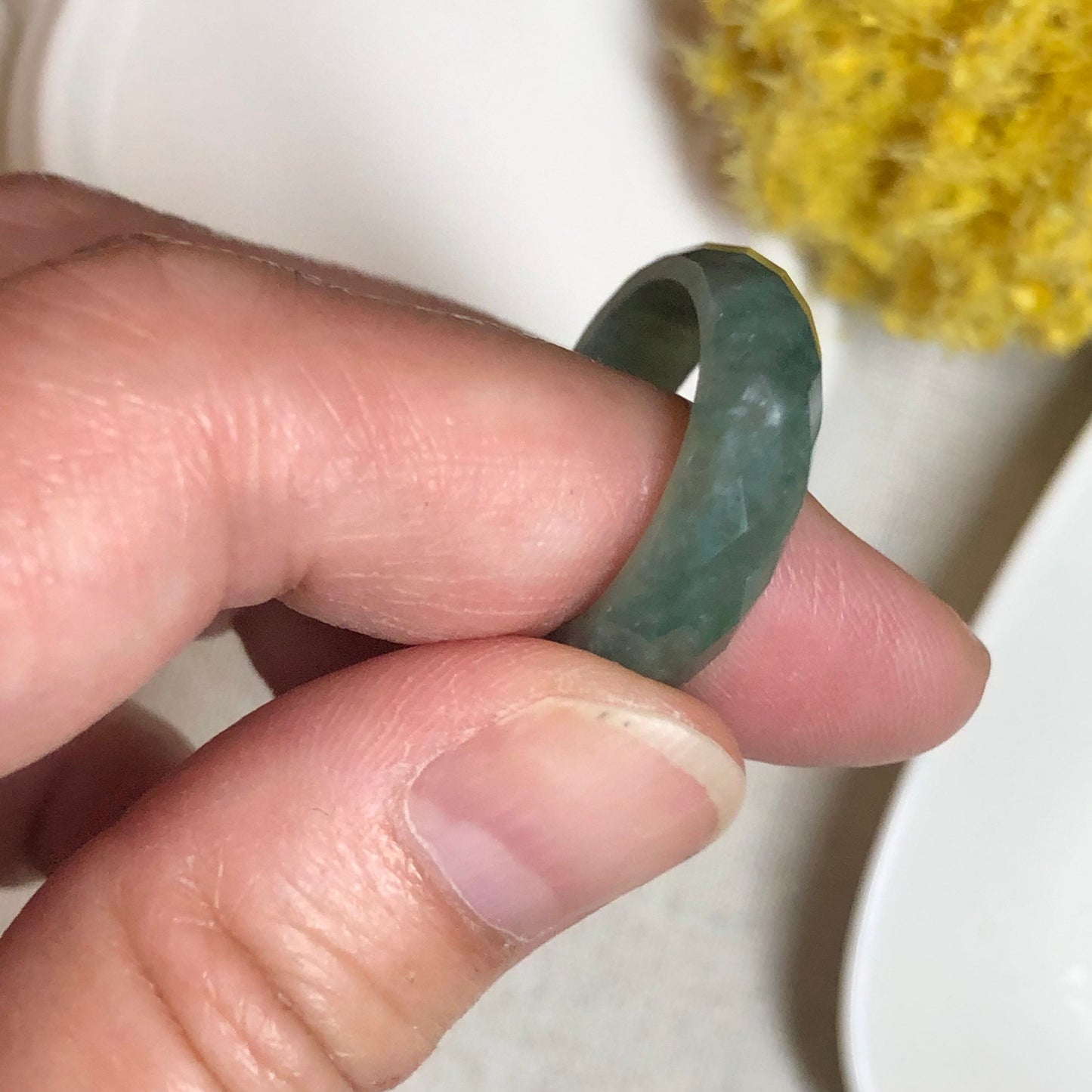 Jadeite Jade Diamond Cut Earthy Green Carved Band Ring