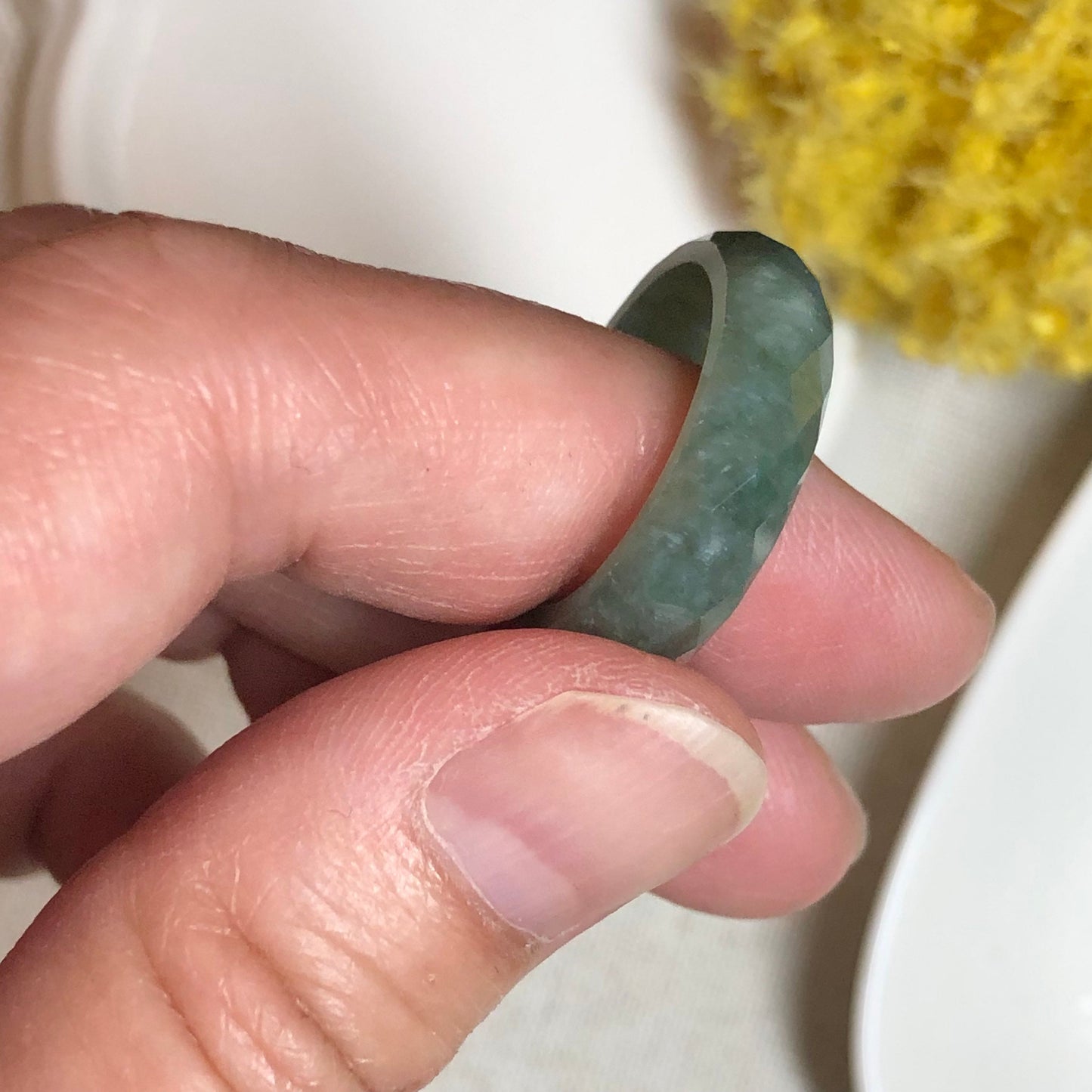 Jadeite Jade Diamond Cut Earthy Green Carved Band Ring