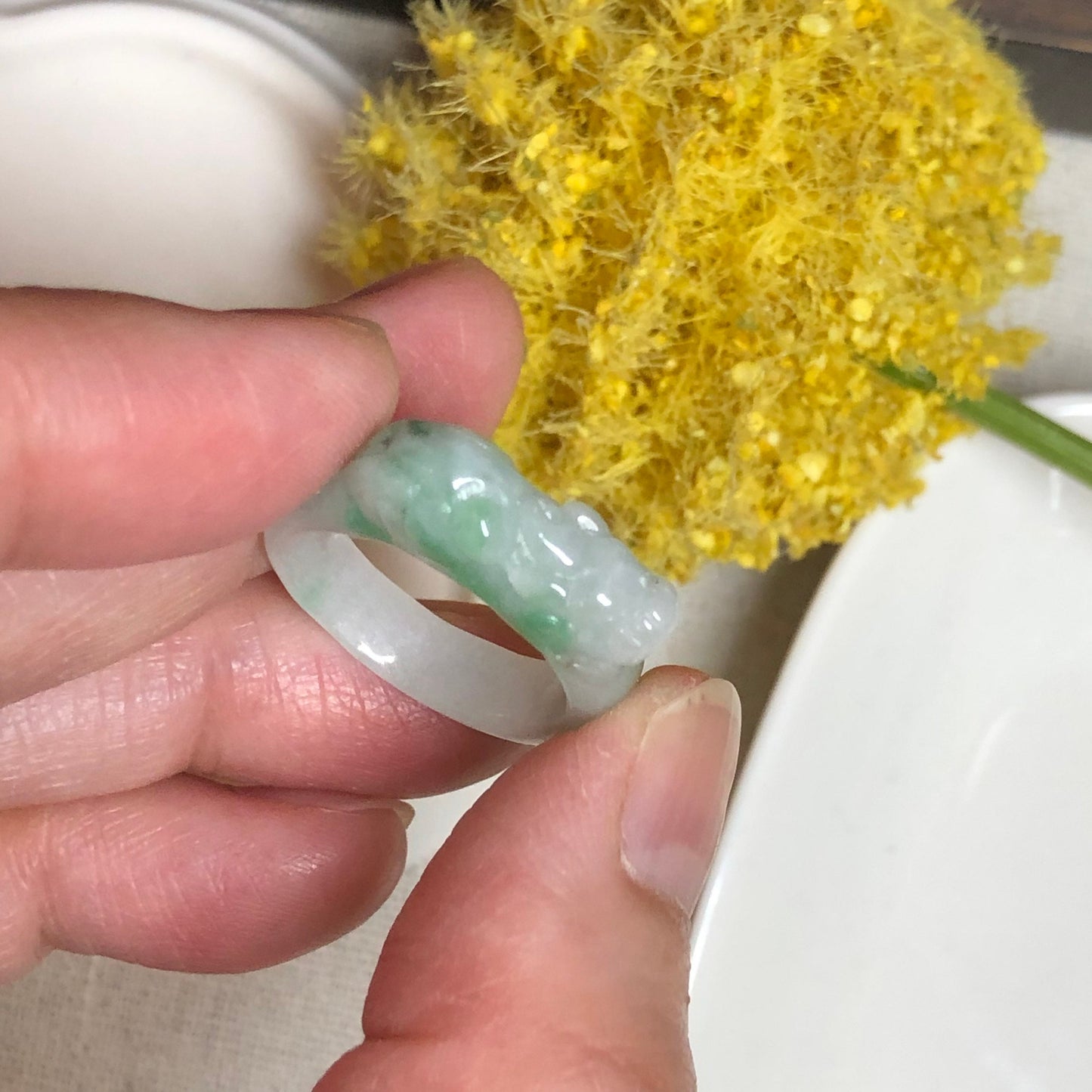 Jadeite Jade Green Moss Carved Pixiu Band Ring