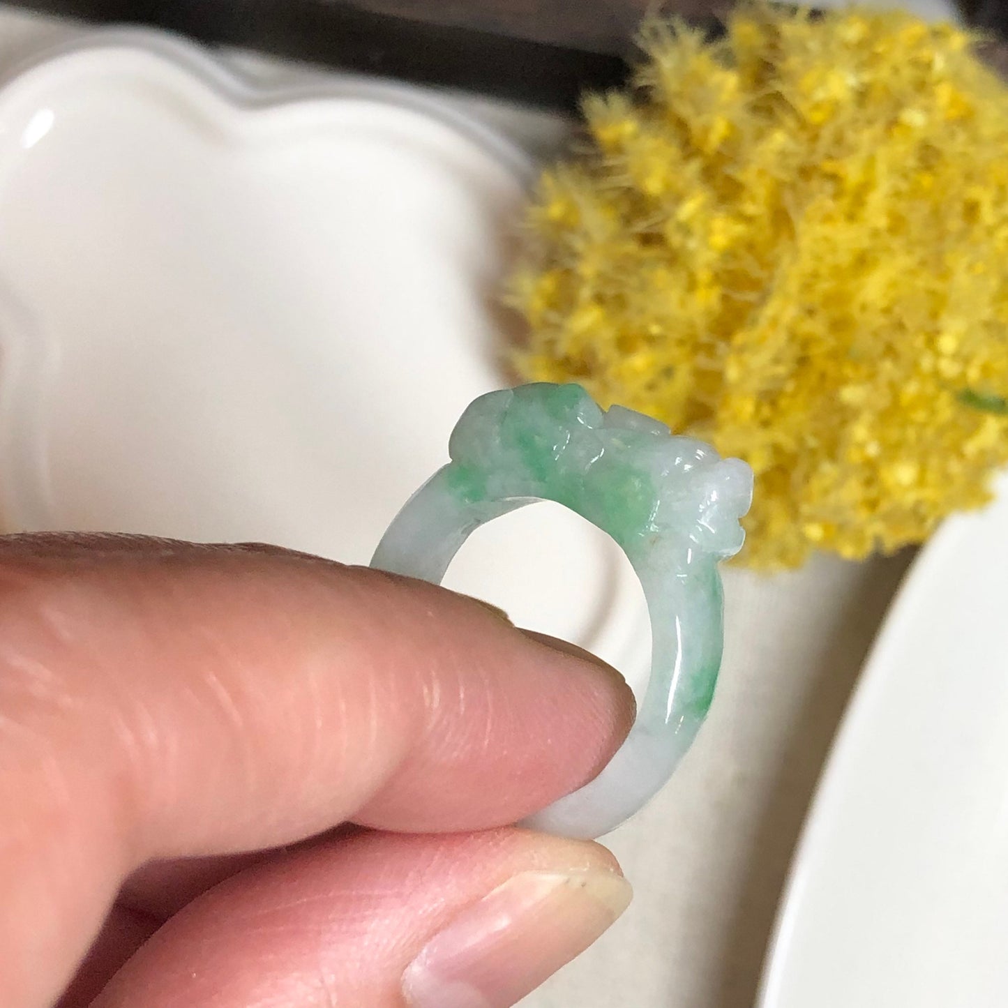 Jadeite Jade Green Moss Carved Pixiu Band Ring