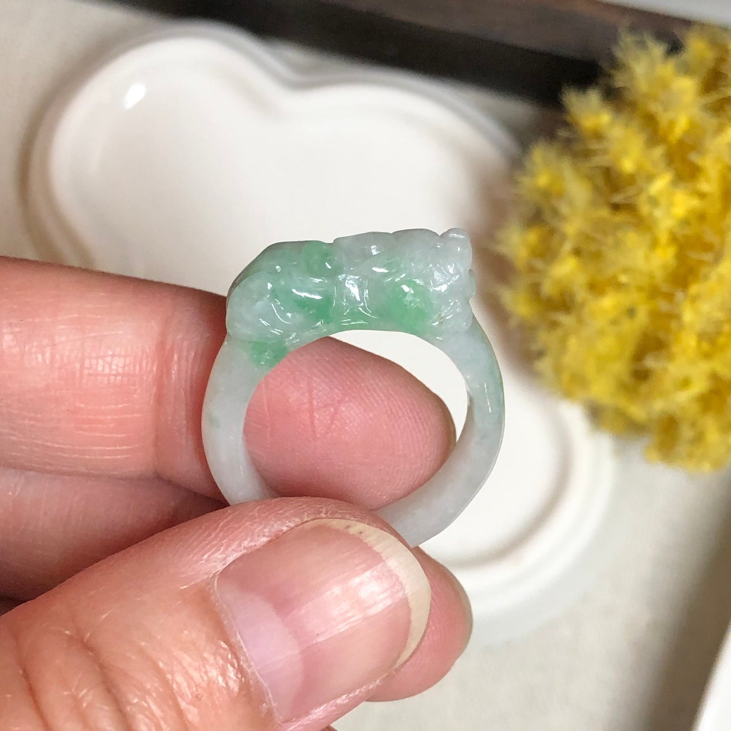 Jadeite Jade Green Moss Carved Pixiu Band Ring