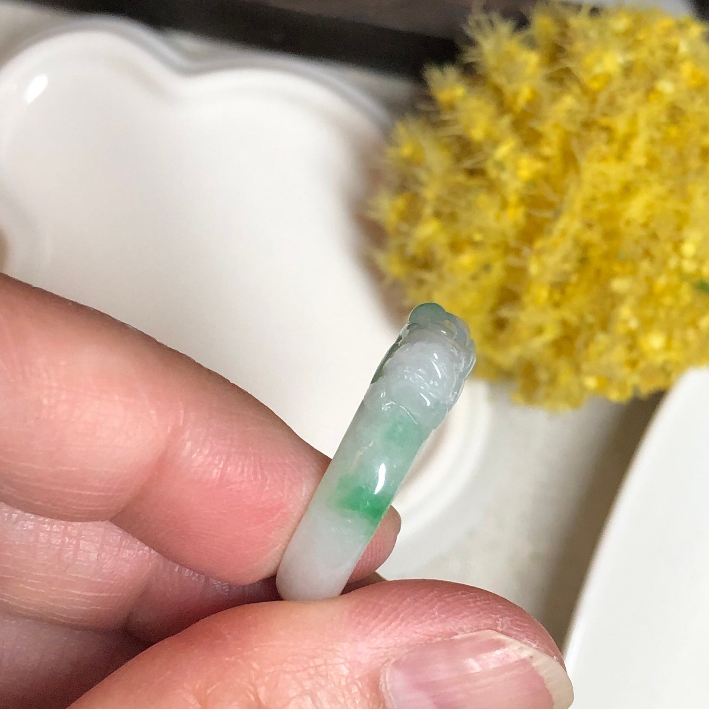 Jadeite Jade Green Moss Carved Pixiu Band Ring