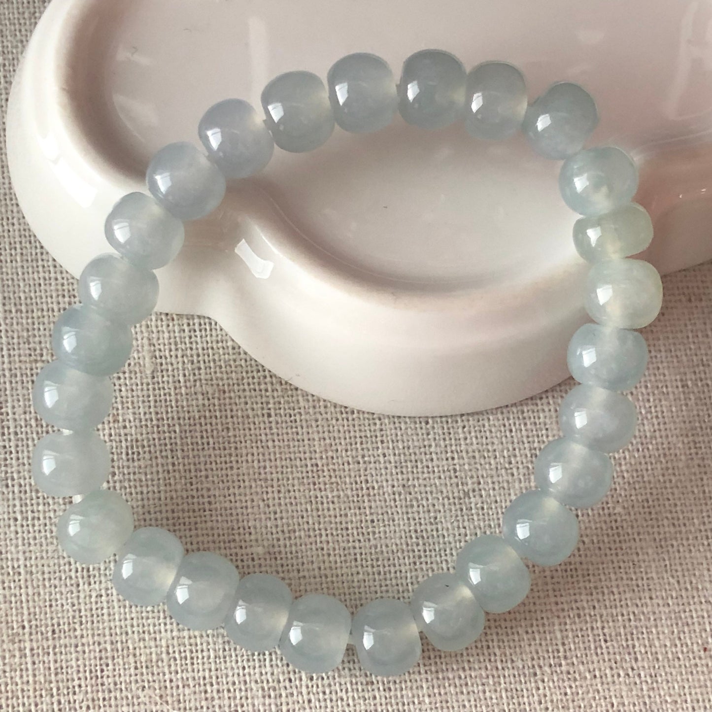8 mm Icy Blue Flat Round Jadeite Jade Bead Bracelet 8 mm x 27 pcs.