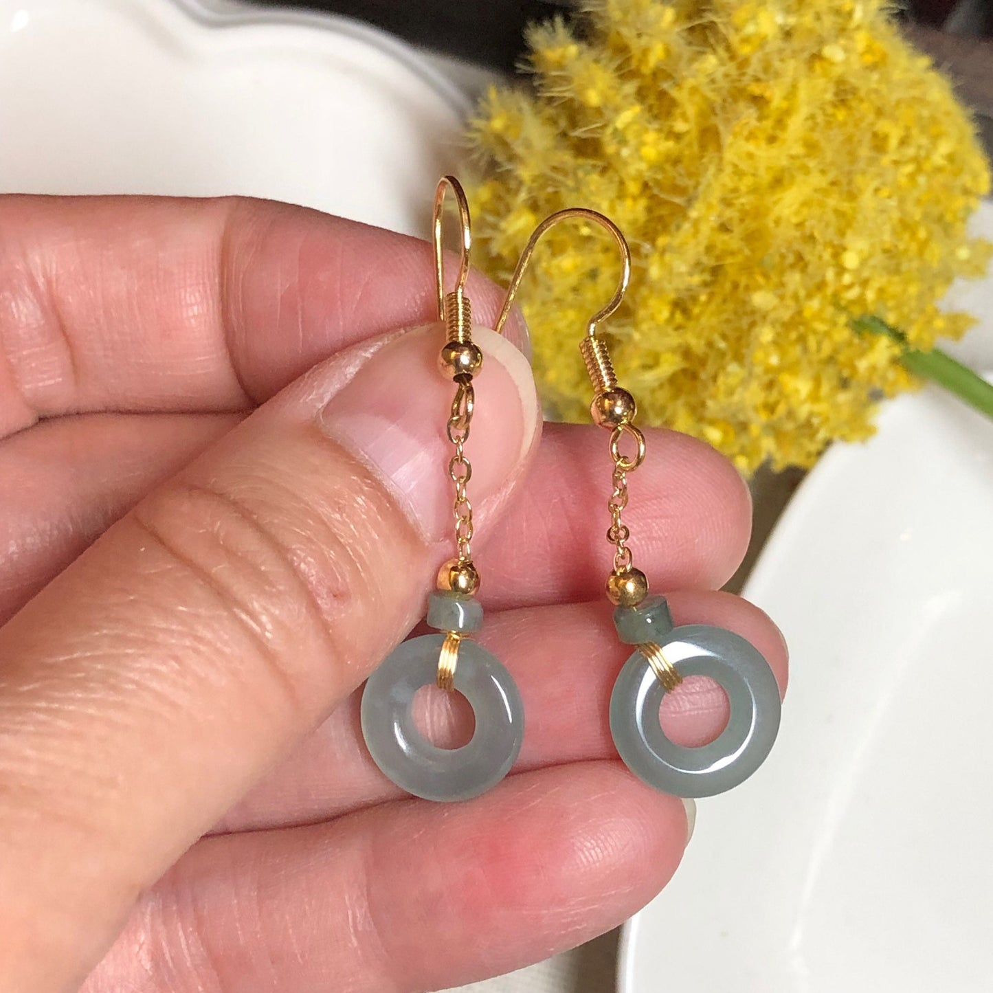 Dainty Cute Grade A Sky Blue Jadeite Jade Dangle drop peace donut shaped earrings set on 14K Gold