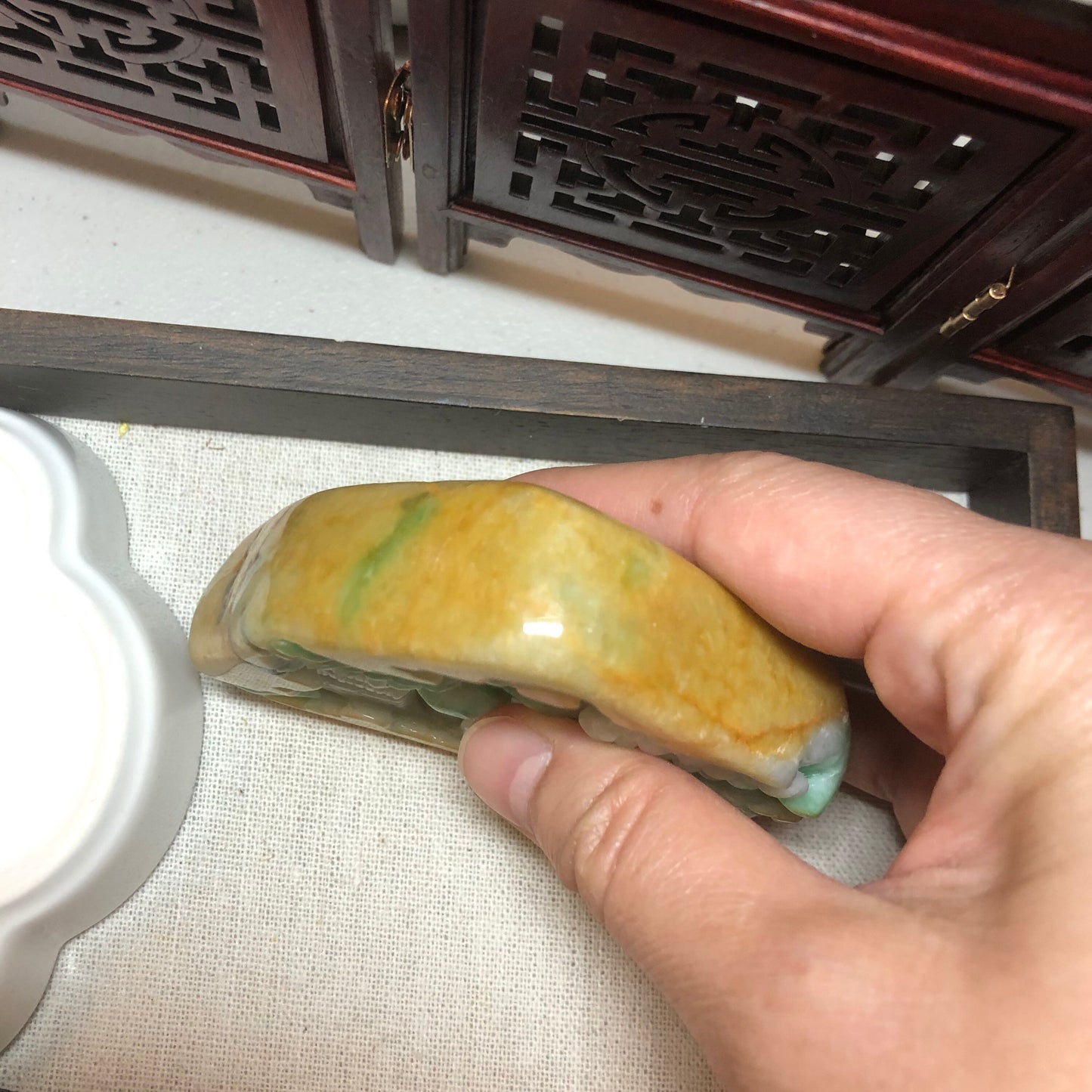 62.8mm Jadeite Jade Yellow Green Carved Statue Display Scenery Landscape