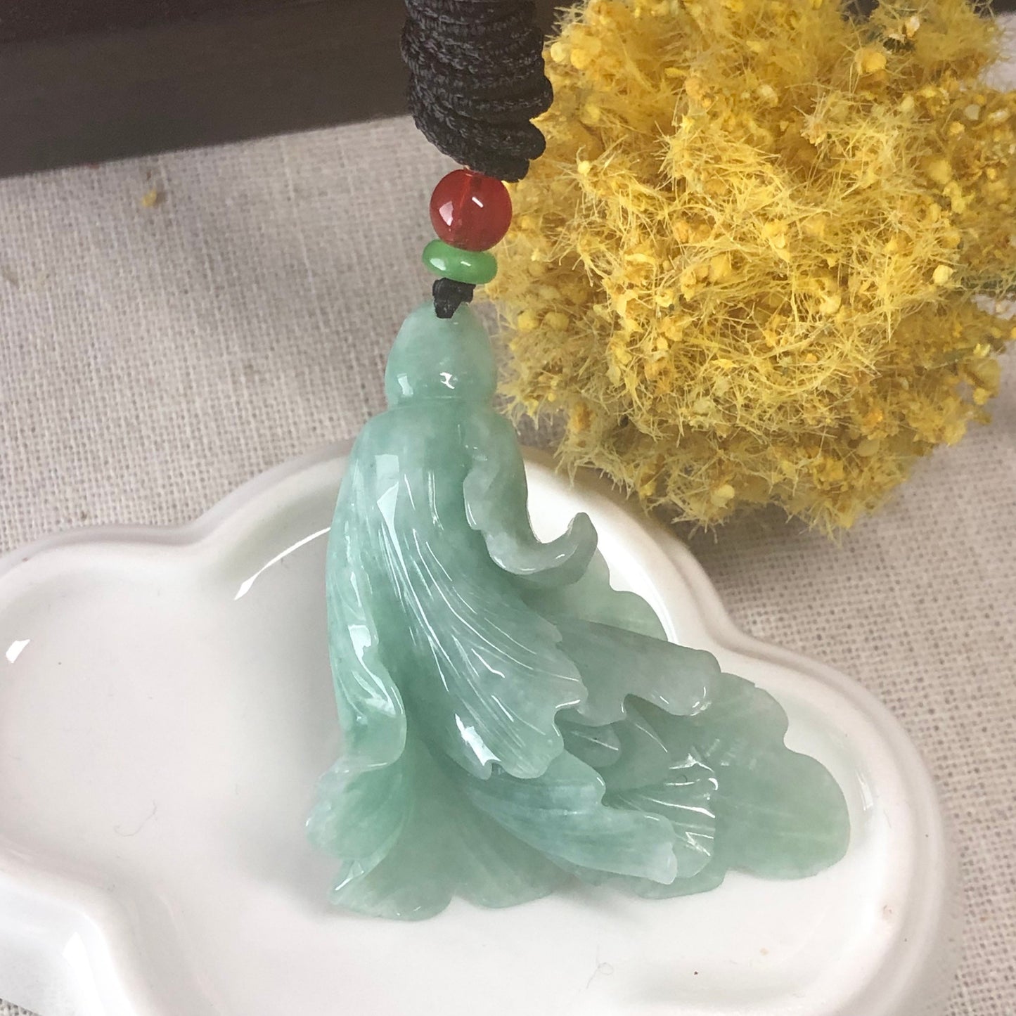 49.7mm Grade A Jade Jadeite Green Carved Flower Pendant Charm