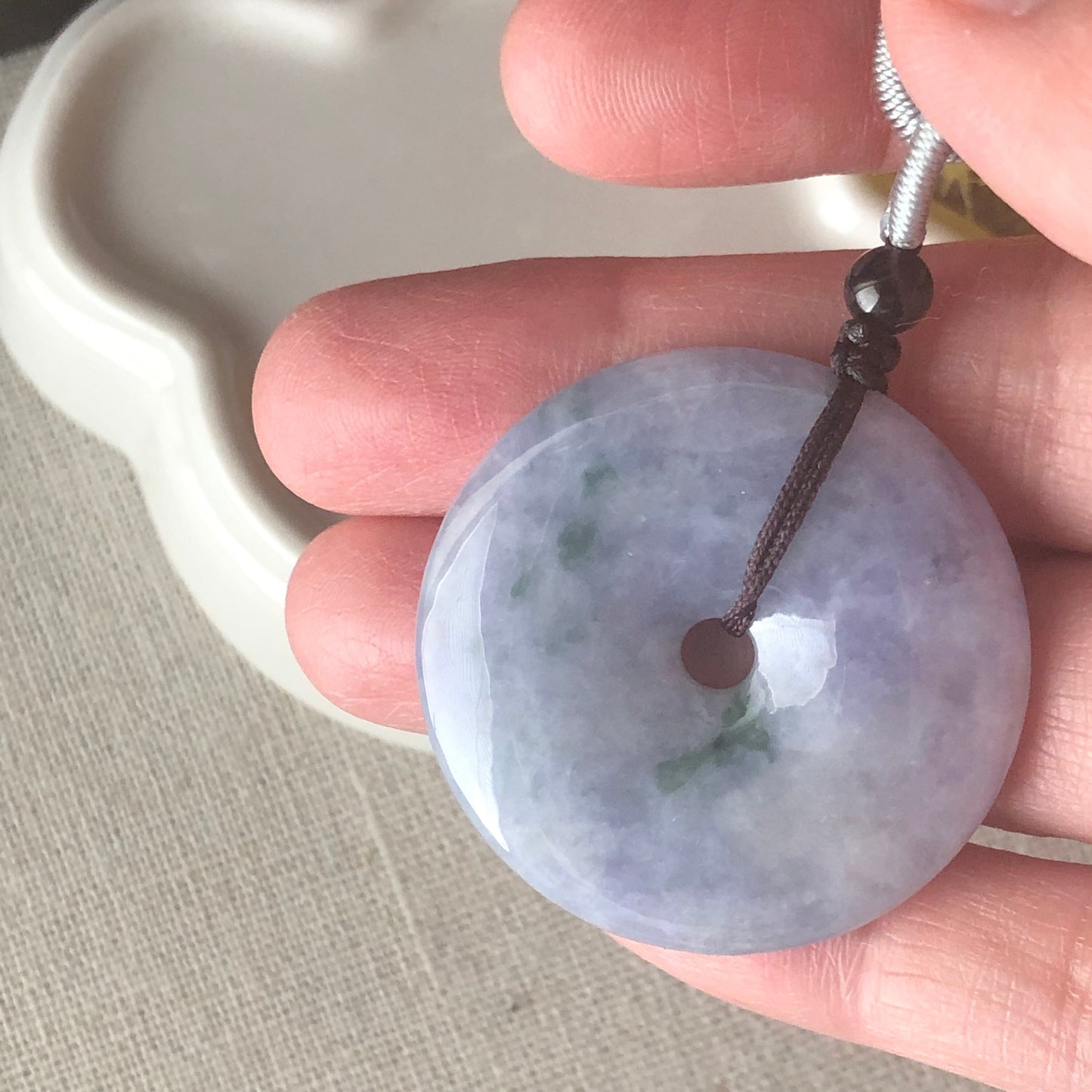 34.9mm Grade A Jade Jadeite Lavender Peace Donut Pendant Charm
