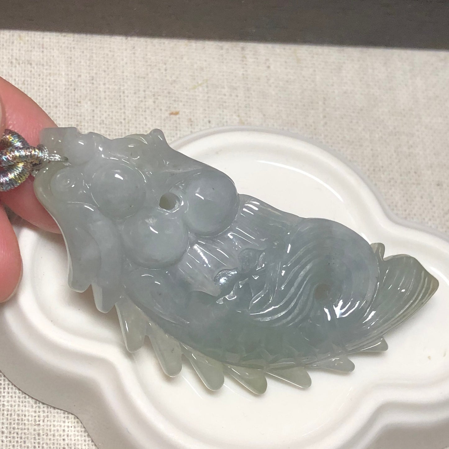 66.1 mm Grade A Icy Sky Blue Carved Dragon Fish Jadeite Jade Pendant