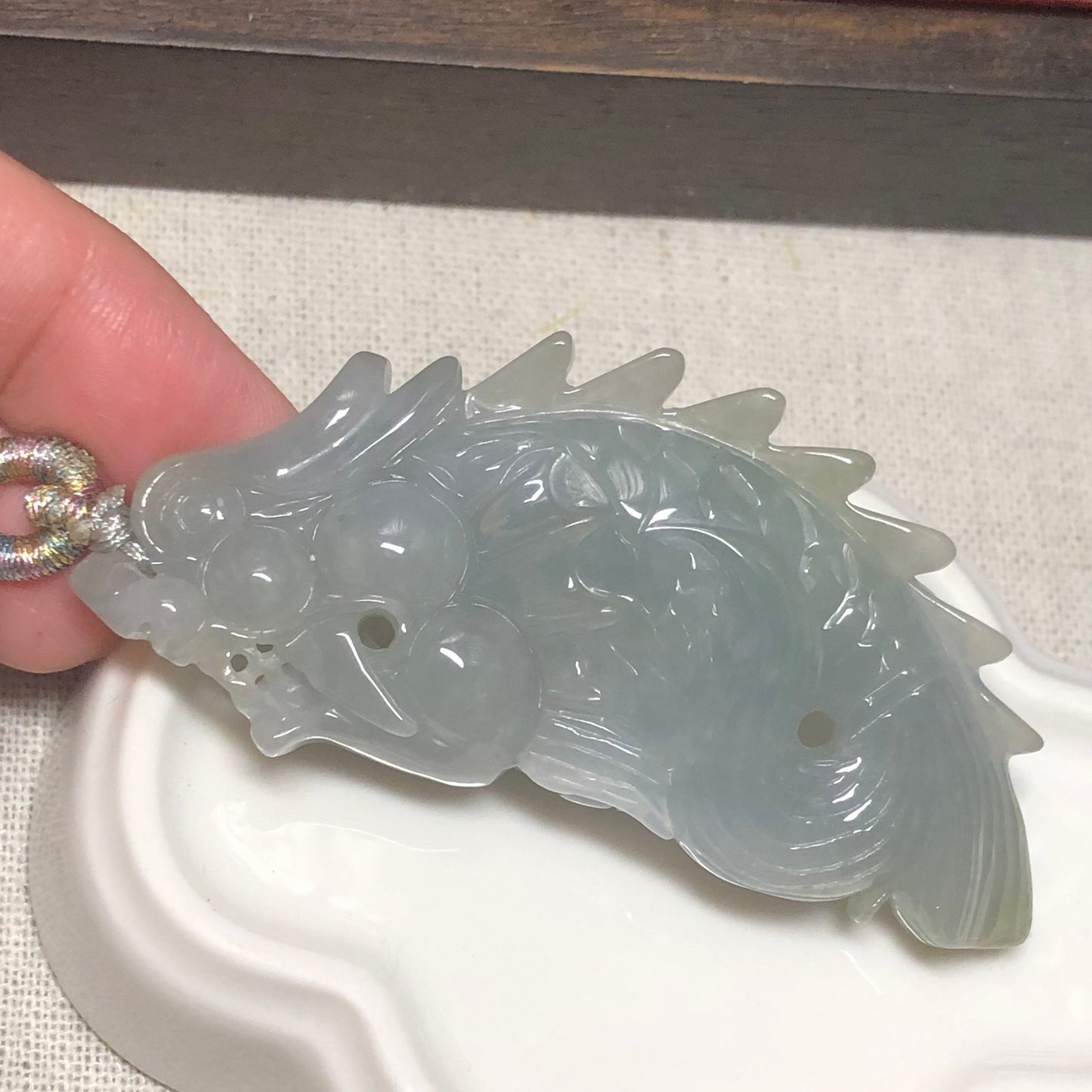 66.1 mm Grade A Icy Sky Blue Carved Dragon Fish Jadeite Jade Pendant