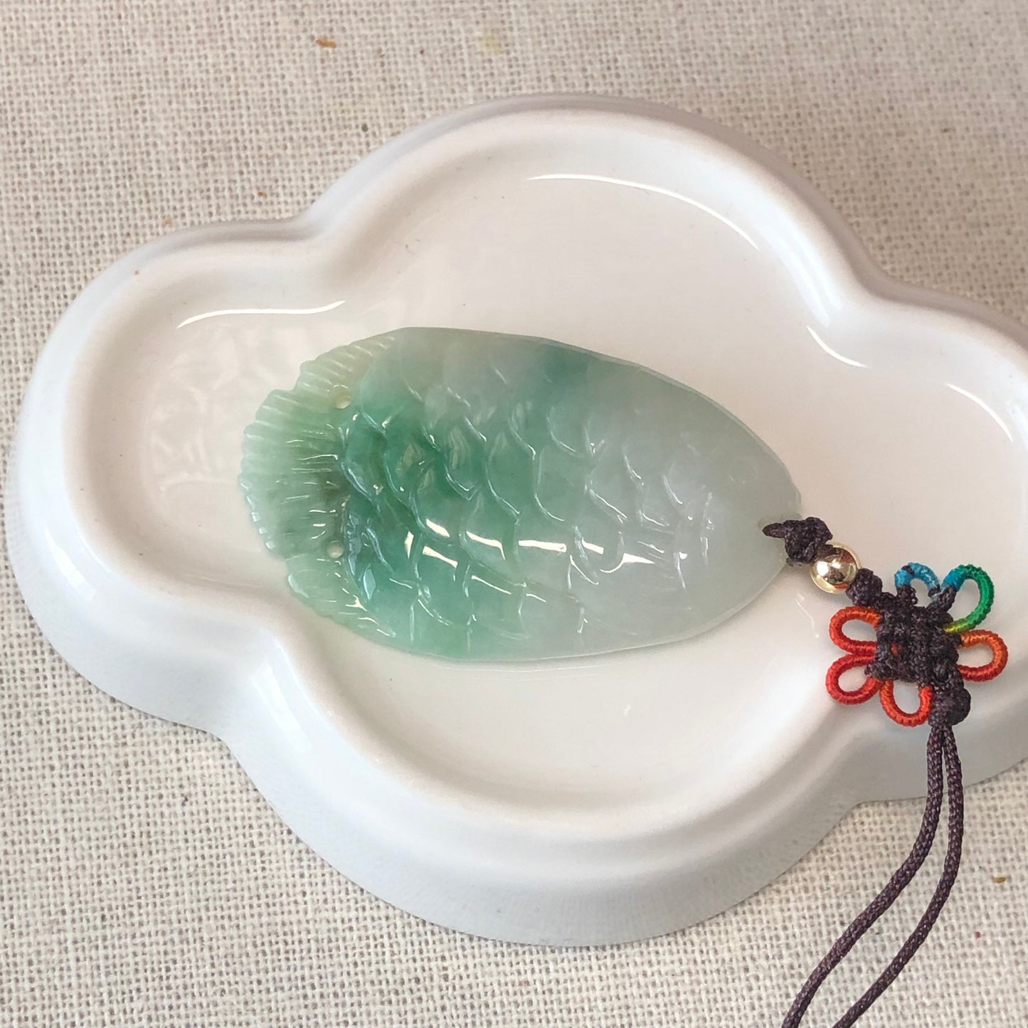 44.7 mm Icy Green Carved Fish Jadeite Jade Keyring Key chain charm pendant