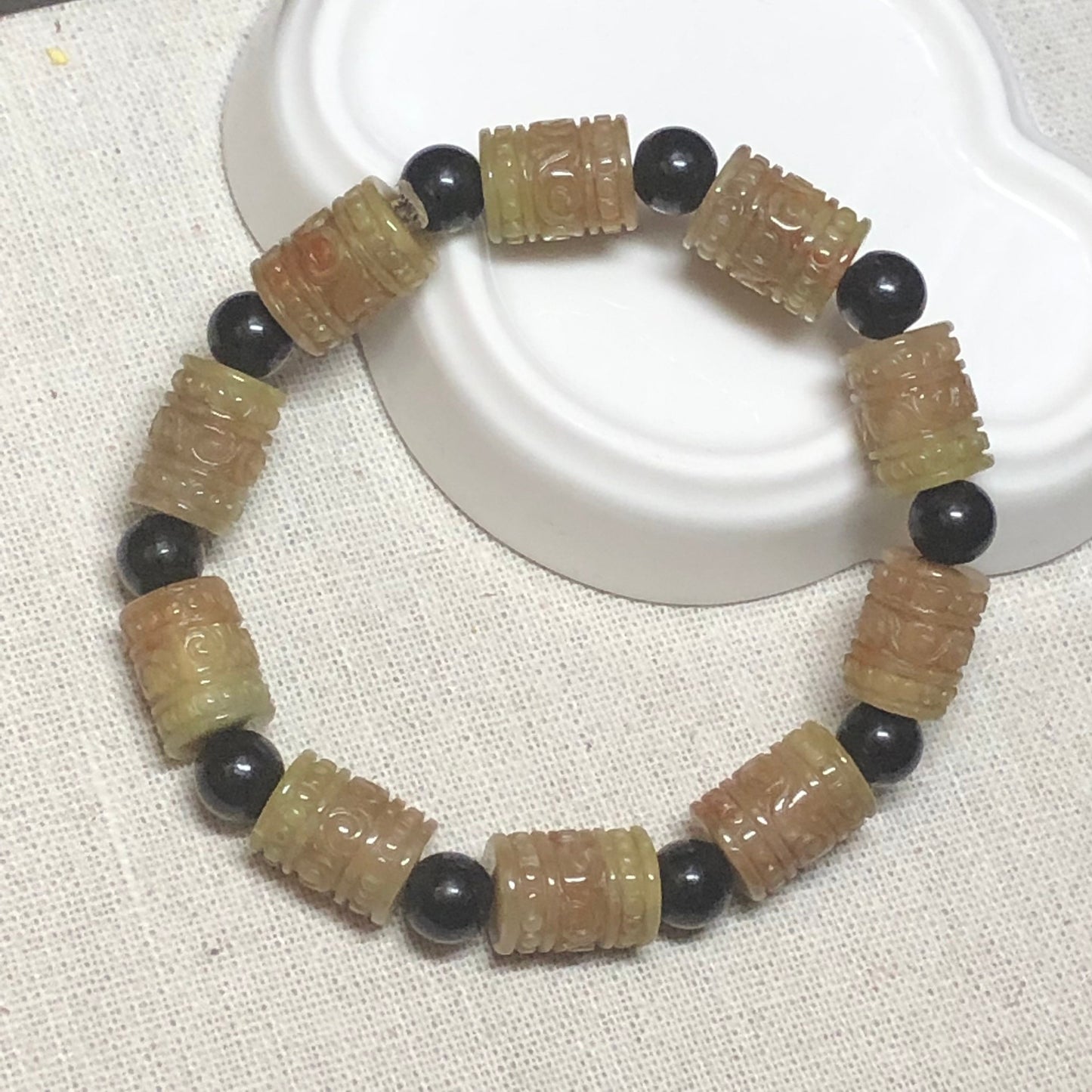 10.2 mm Grade A Jade Jadeite Yellow Brown Carved Asian Pattern Bead Bracelet