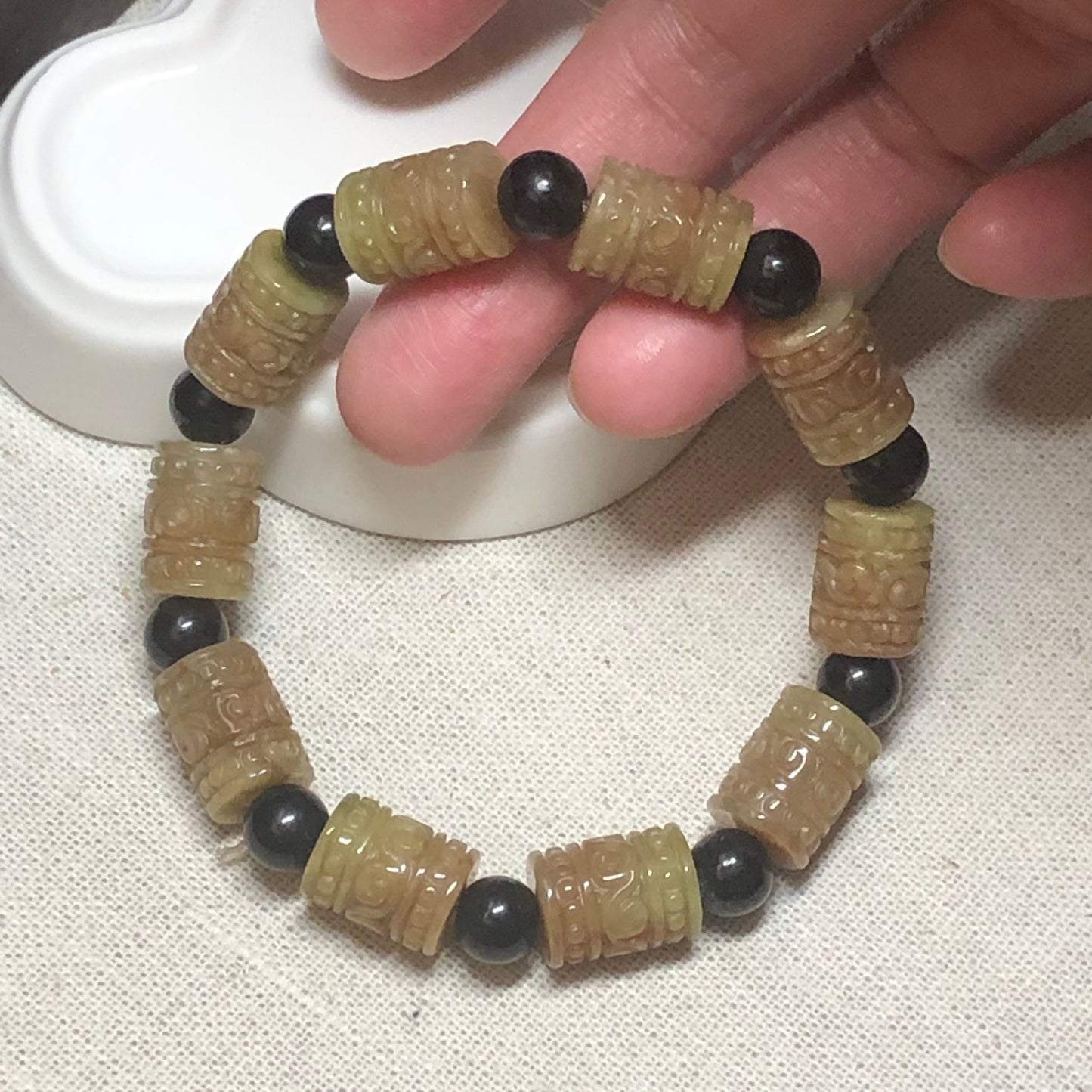 10.2 mm Grade A Jade Jadeite Yellow Brown Carved Asian Pattern Bead Bracelet