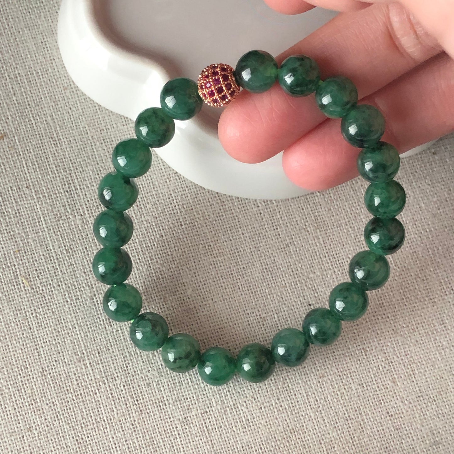 8.2mm Grade A Icy Spicy Green Dark Green Floating Flowers Jade Jadeite Beaded Bracelet 22pcs.