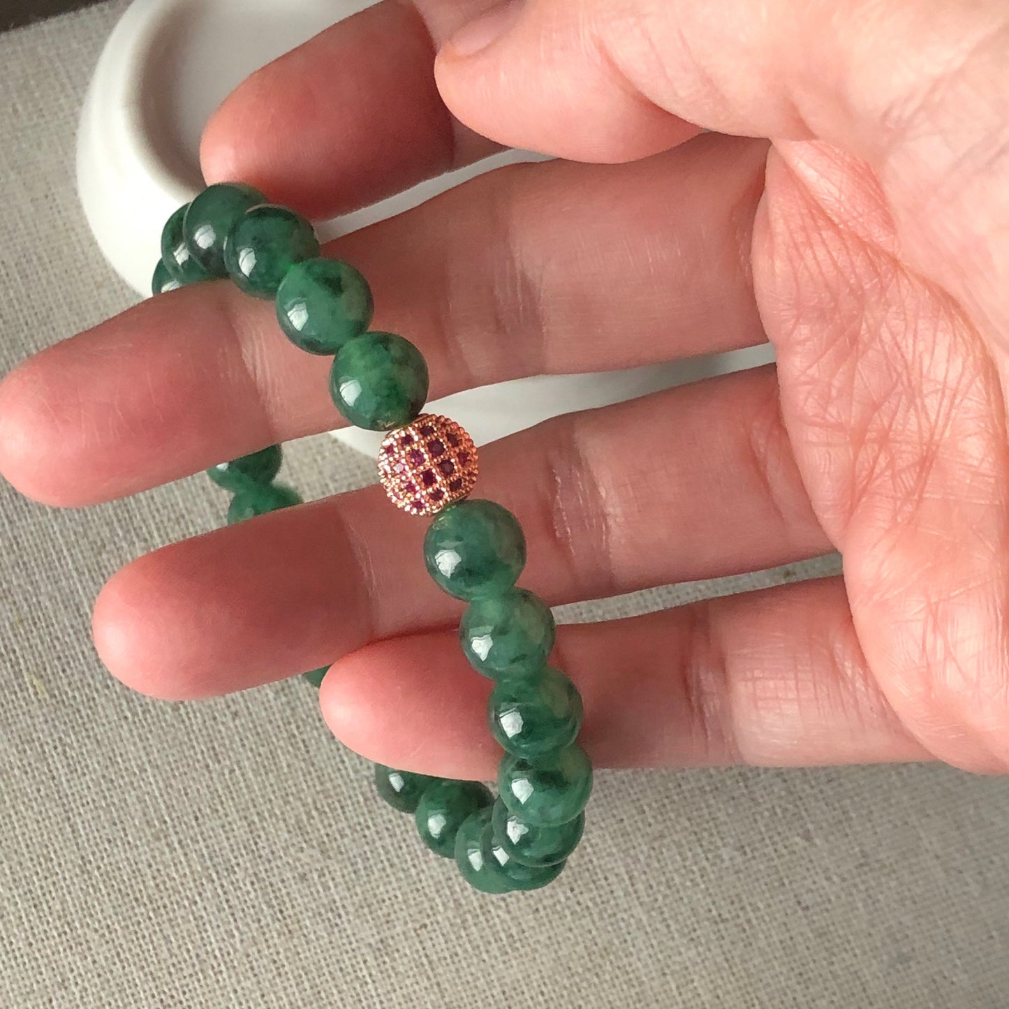8.2mm Grade A Icy Spicy Green Dark Green Floating Flowers Jade Jadeite Beaded Bracelet 22pcs.