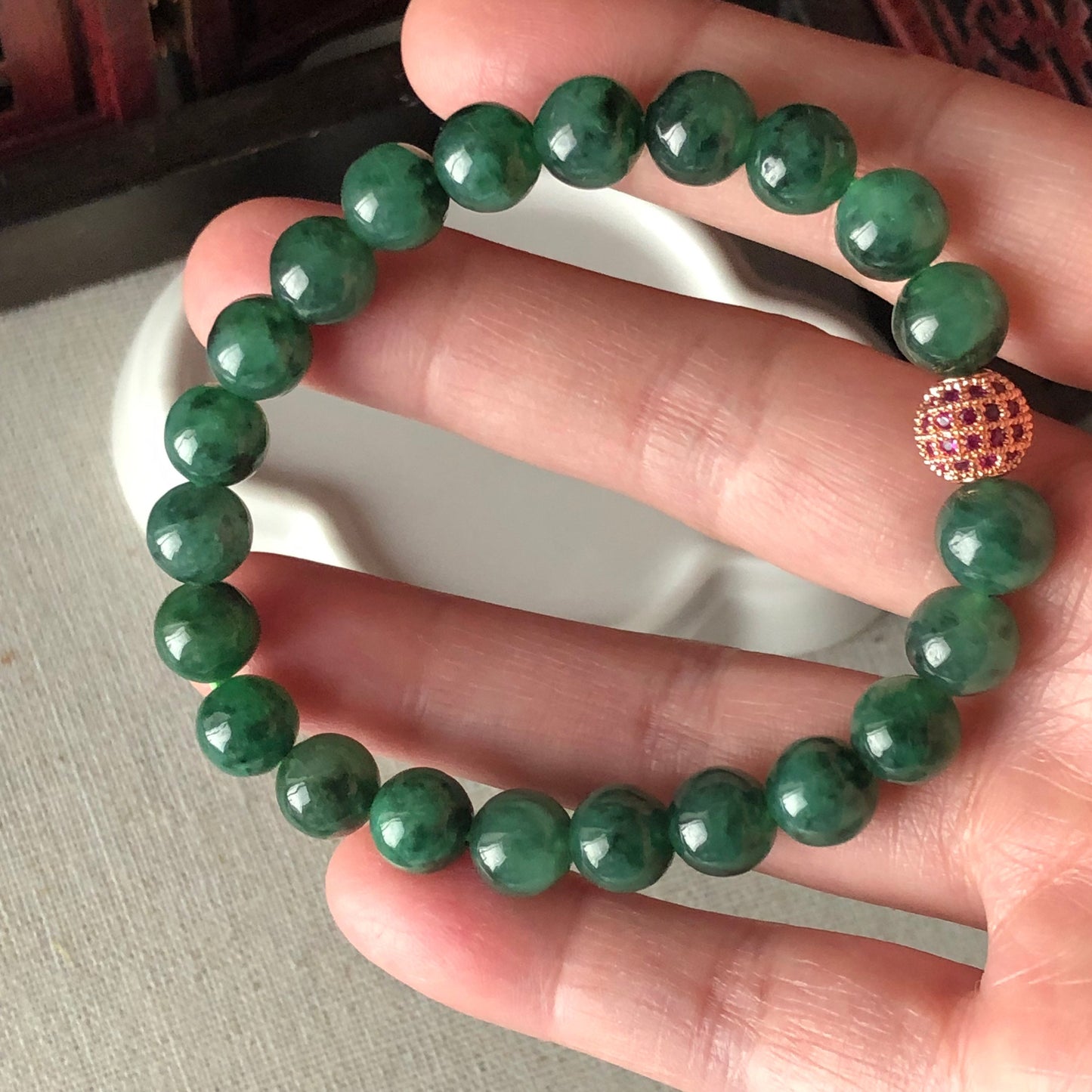 8.2mm Grade A Icy Spicy Green Dark Green Floating Flowers Jade Jadeite Beaded Bracelet 22pcs.