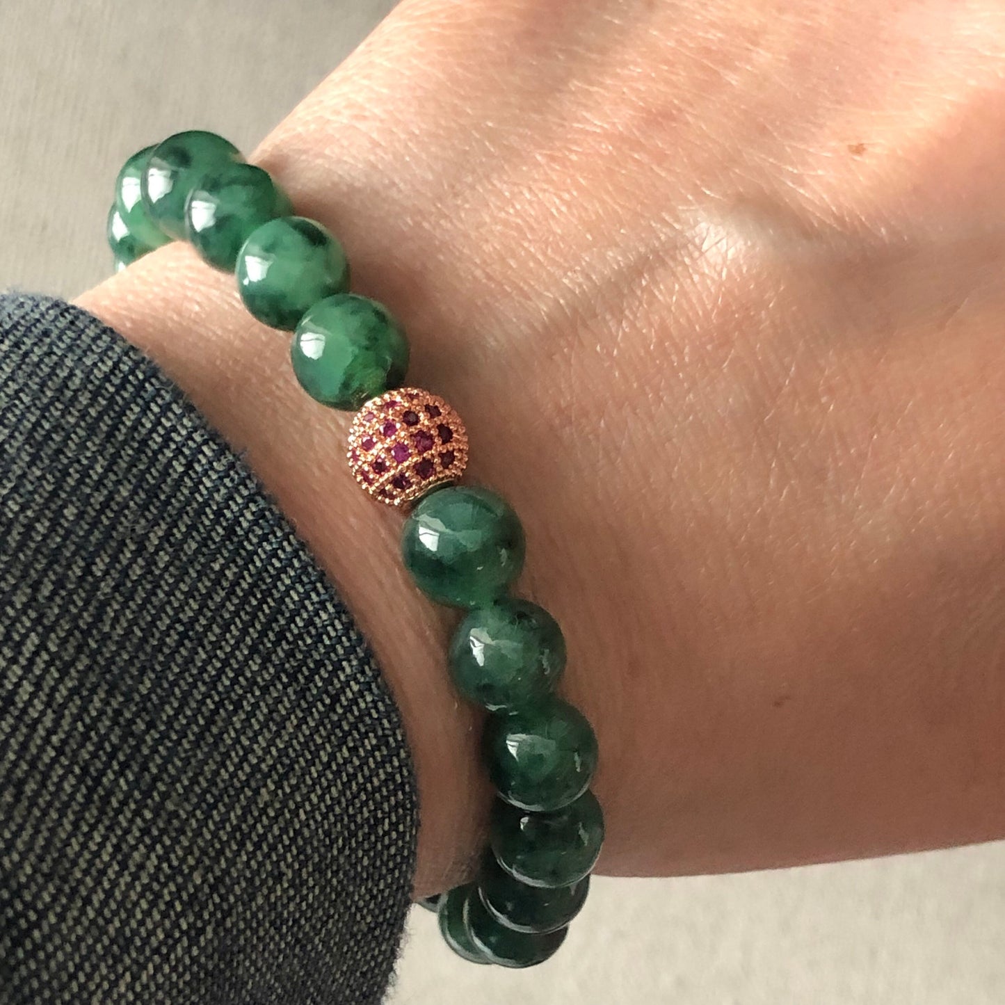 8.2mm Grade A Icy Spicy Green Dark Green Floating Flowers Jade Jadeite Beaded Bracelet 22pcs.
