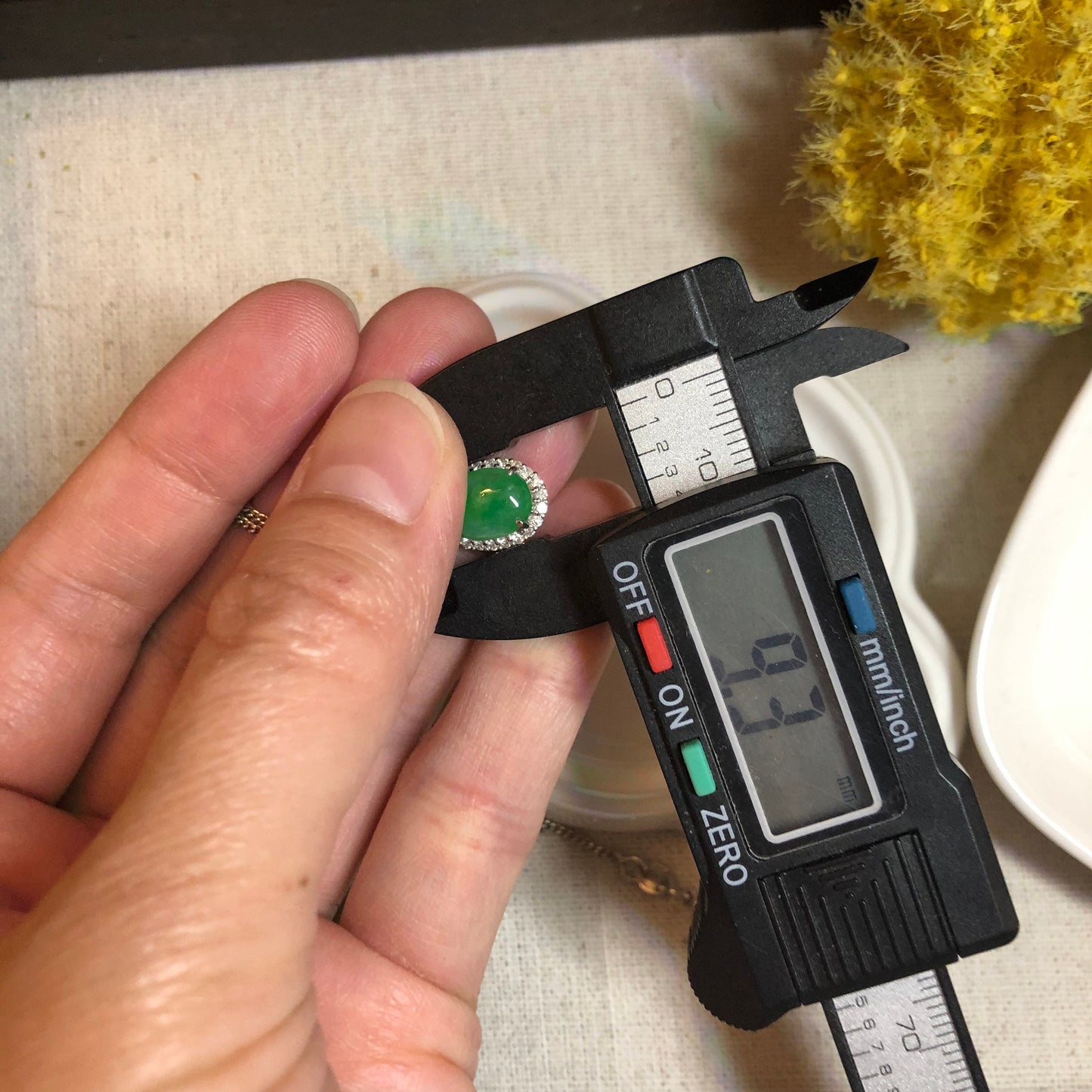 21.8 mm Dainty Icy Green Cabochon Jadeite Jade Pendant set on 18K White Gold Diamonds