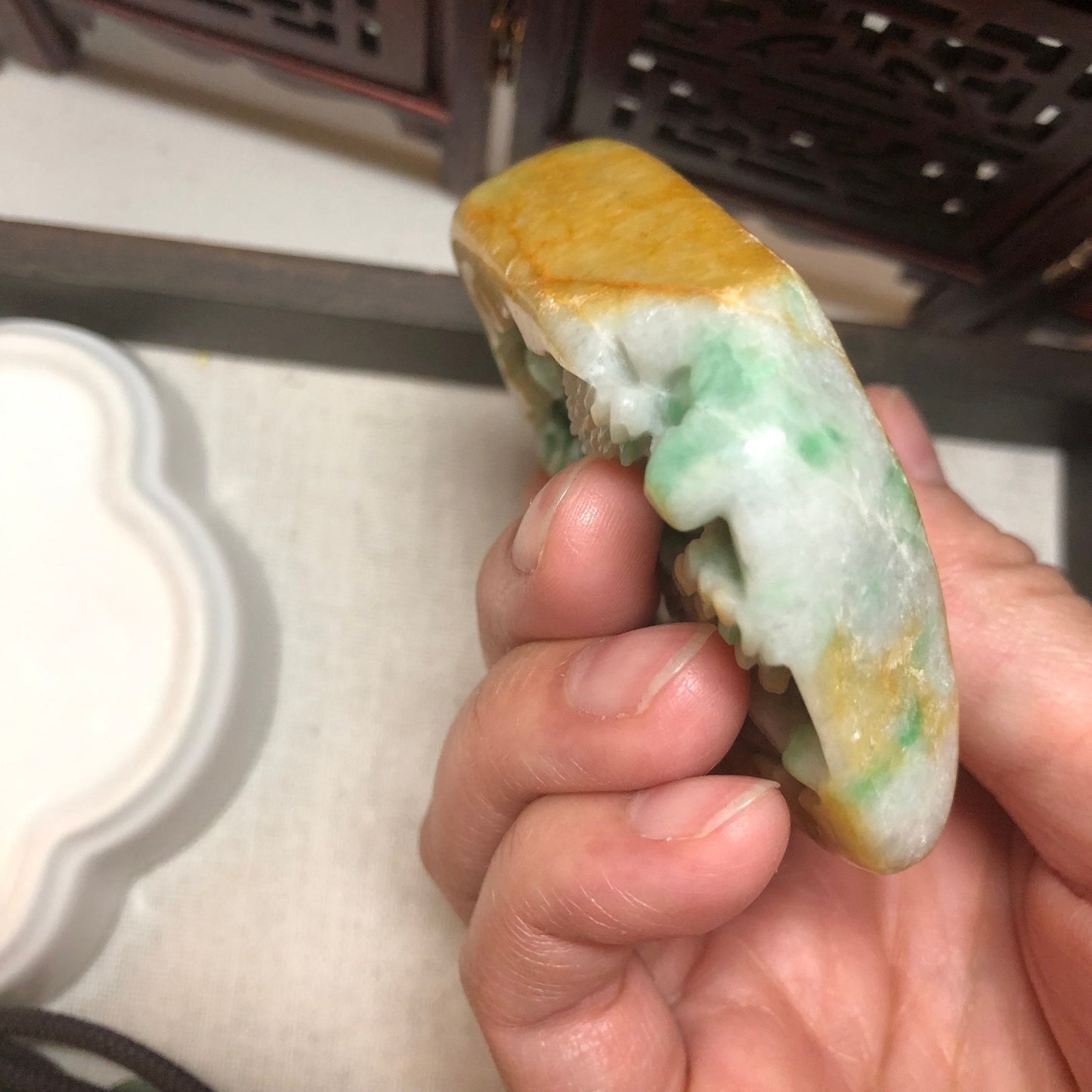 62.8mm Jadeite Jade Yellow Green Carved Statue Display Scenery Landscape